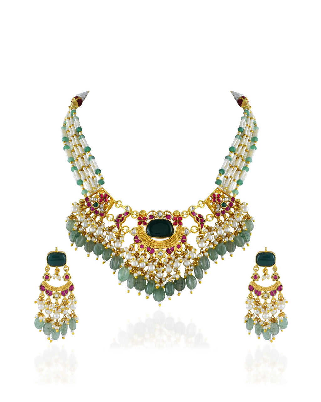 Heritage Pastel Mint & Ruby Mesh Mala Set with Cascading Pearls