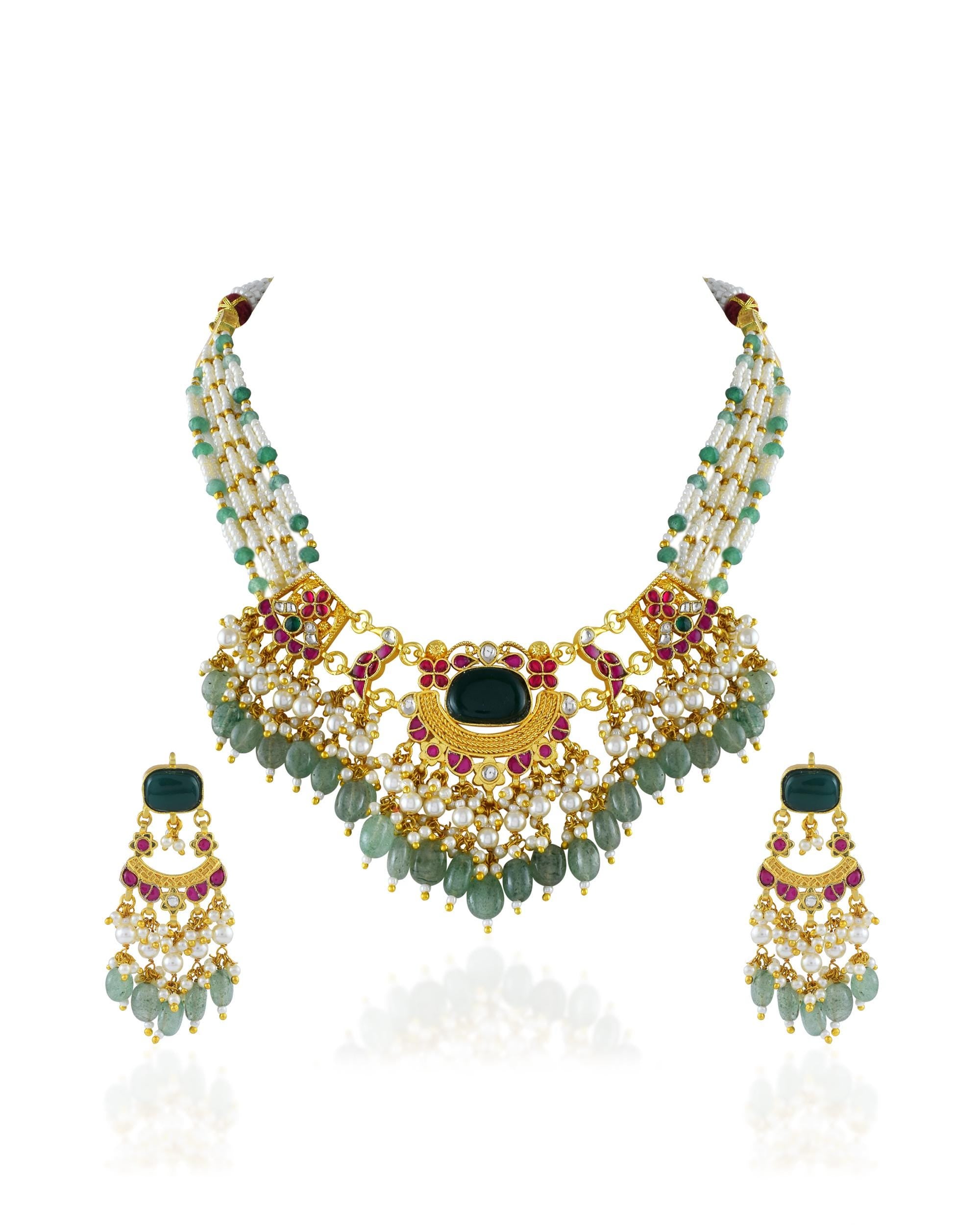 Heritage Pastel Mint & Ruby Mesh Mala Set with Cascading Pearls