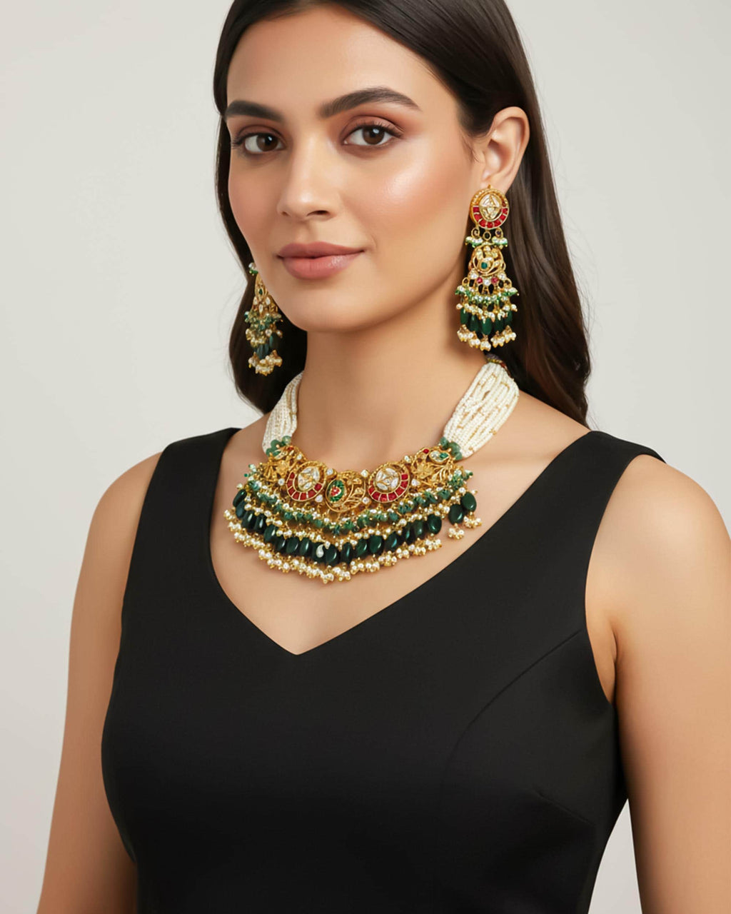 Royal Navratna-Inspired Kundan Hasli Mala Set with Deep Emerald Drops