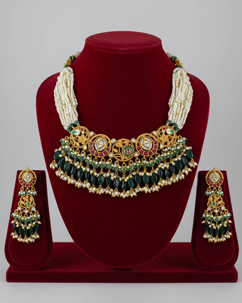 Royal Navratna-Inspired Kundan Hasli Mala Set with Deep Emerald Drops