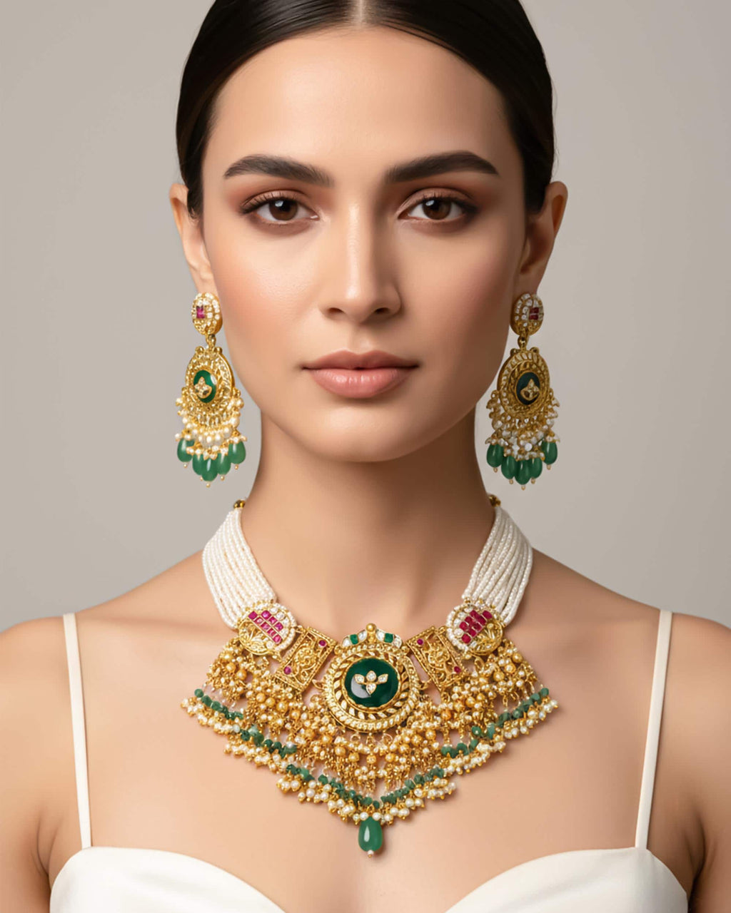 Royal Mughal Rajwadi Round Choker Set with Emerald Green Centerpiece