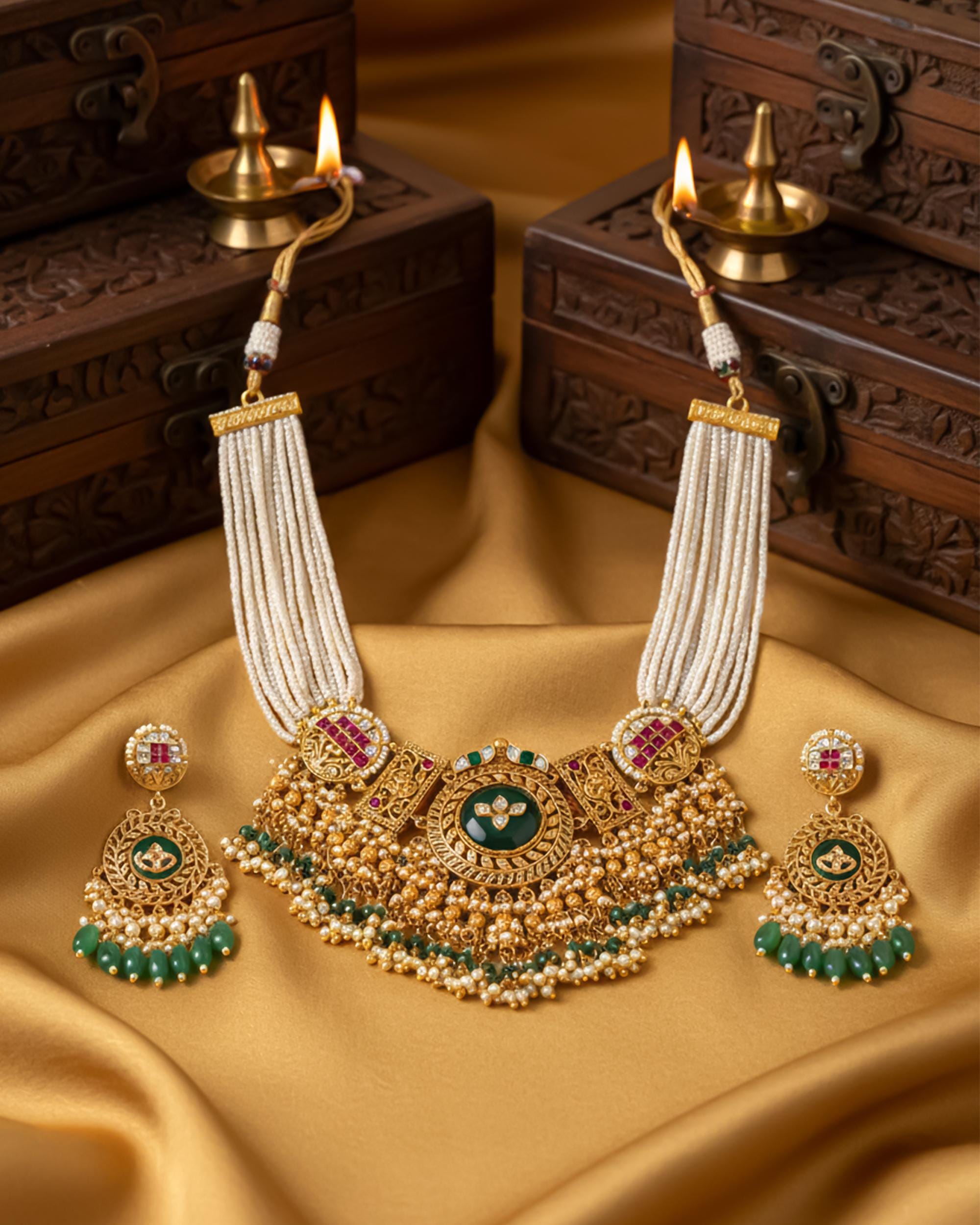 Royal Mughal Rajwadi Round Choker Set with Emerald Green Centerpiece