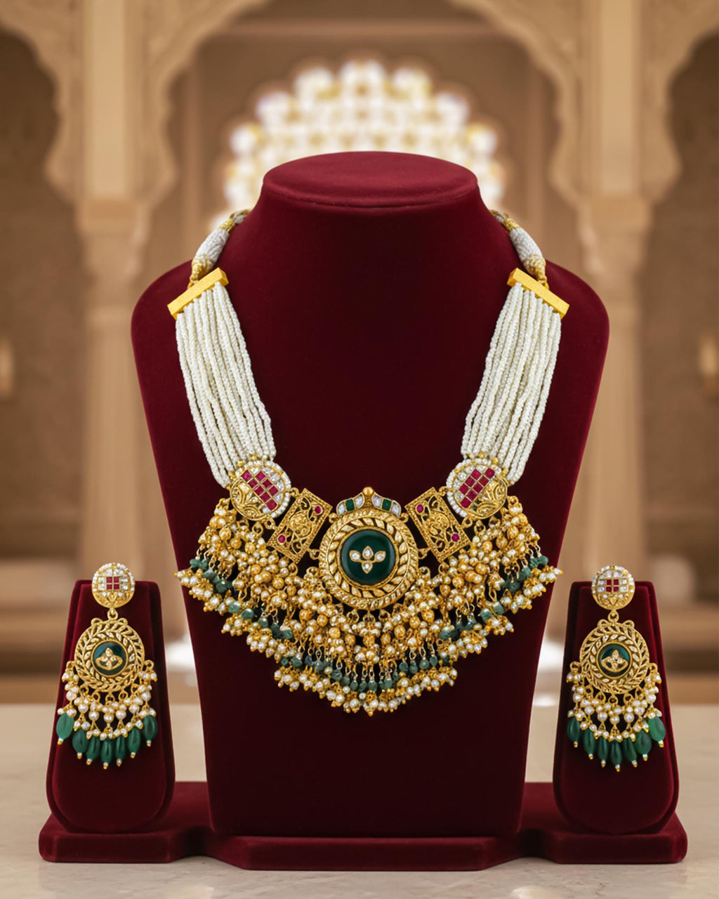 Royal Mughal Rajwadi Round Choker Set with Emerald Green Centerpiece
