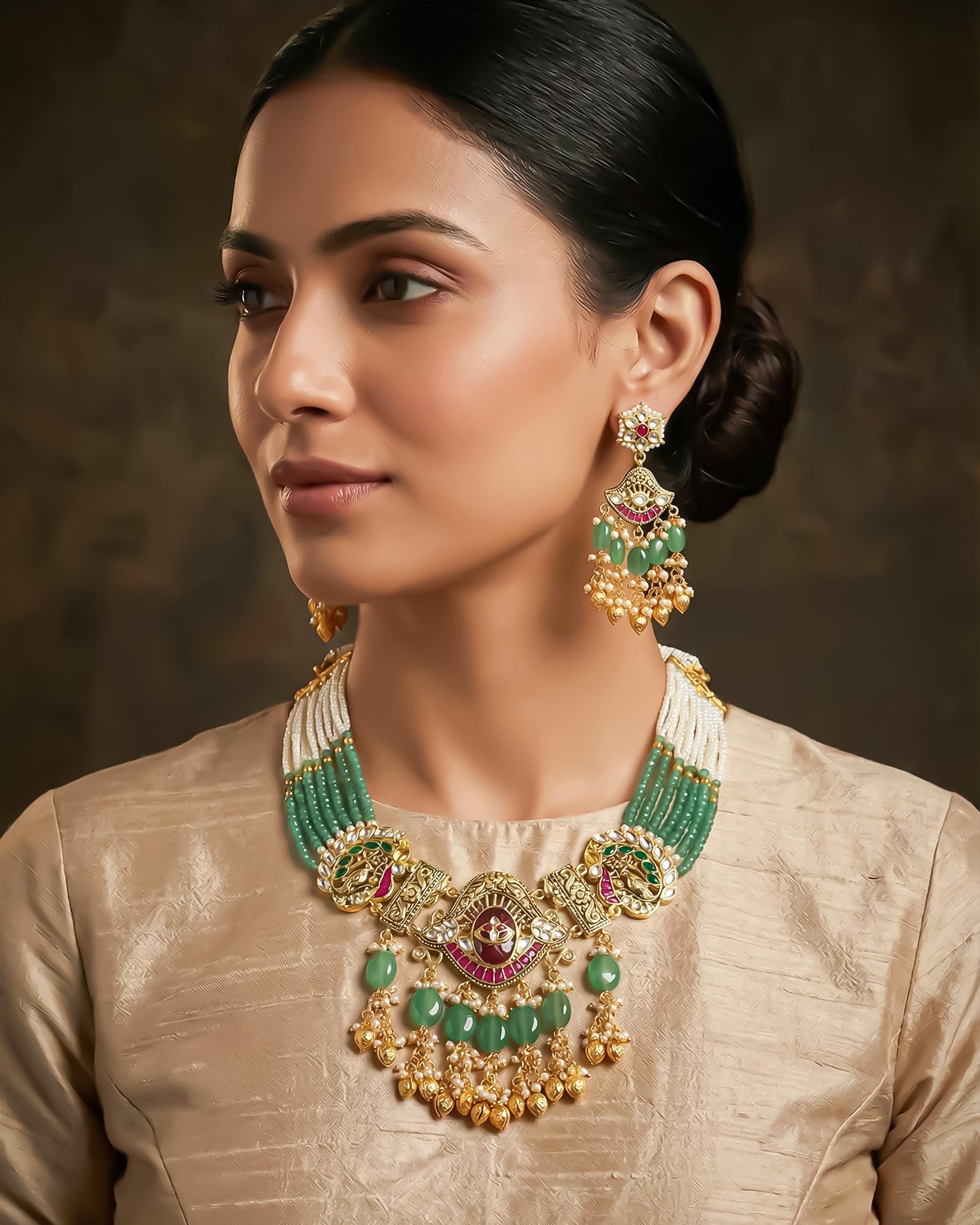 Royal Mughal Peacock Motif Rani Haar with Multi-Strand Pearls
