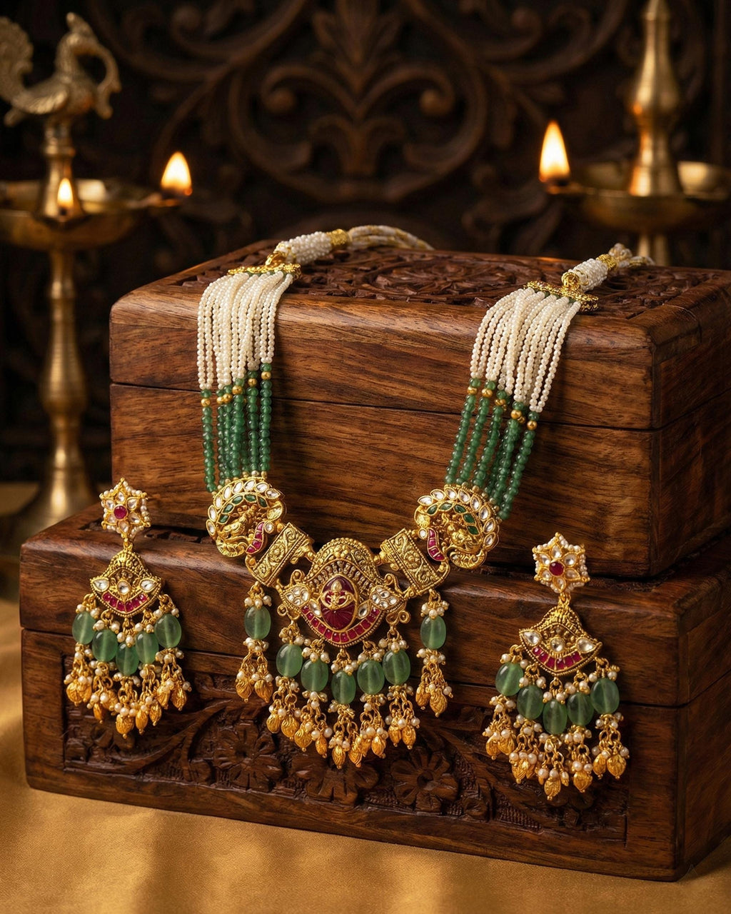 Royal Mughal Peacock Motif Rani Haar with Multi-Strand Pearls