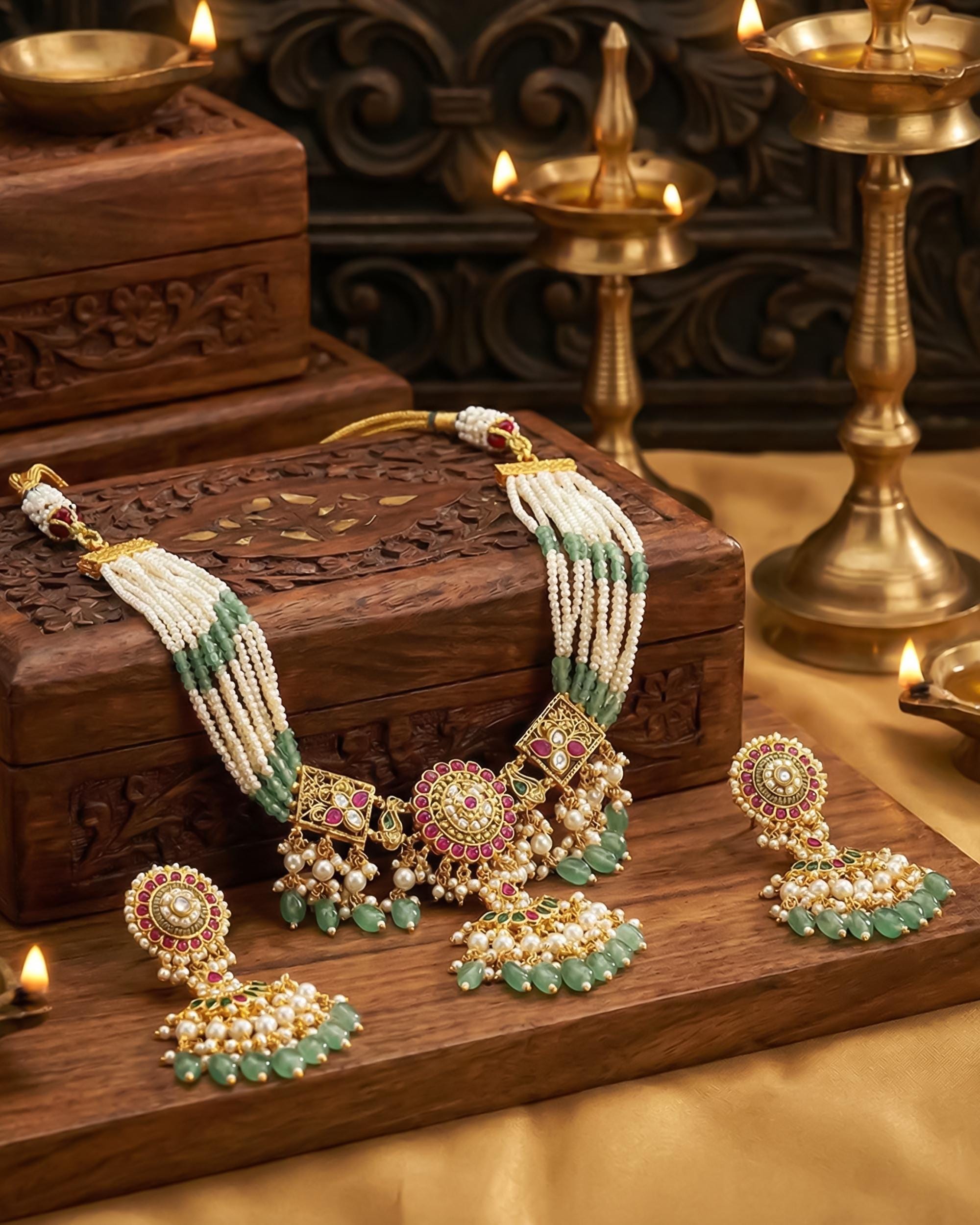 Ruby Green Kundan Choker Set, Indian Bridal Necklace, Multi Strand Pearl Necklace, Traditional Punjabi Jewelry, Bollywood Wedding Wear Set