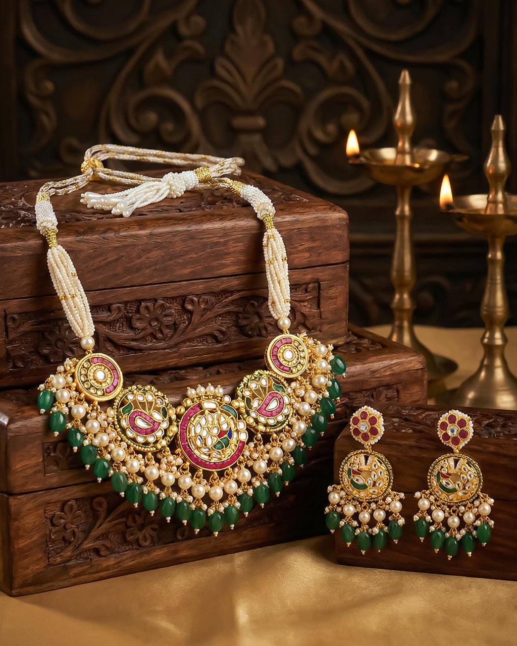 Royal Mughal Pachi Kundan Choker Set with Ruby-Pink Drops & Pearl Clusters