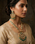 Handcrafted Pachi Kundan Necklace Set  Emerald Green Bridal Jewelry, Antique Gold Chandbalis
