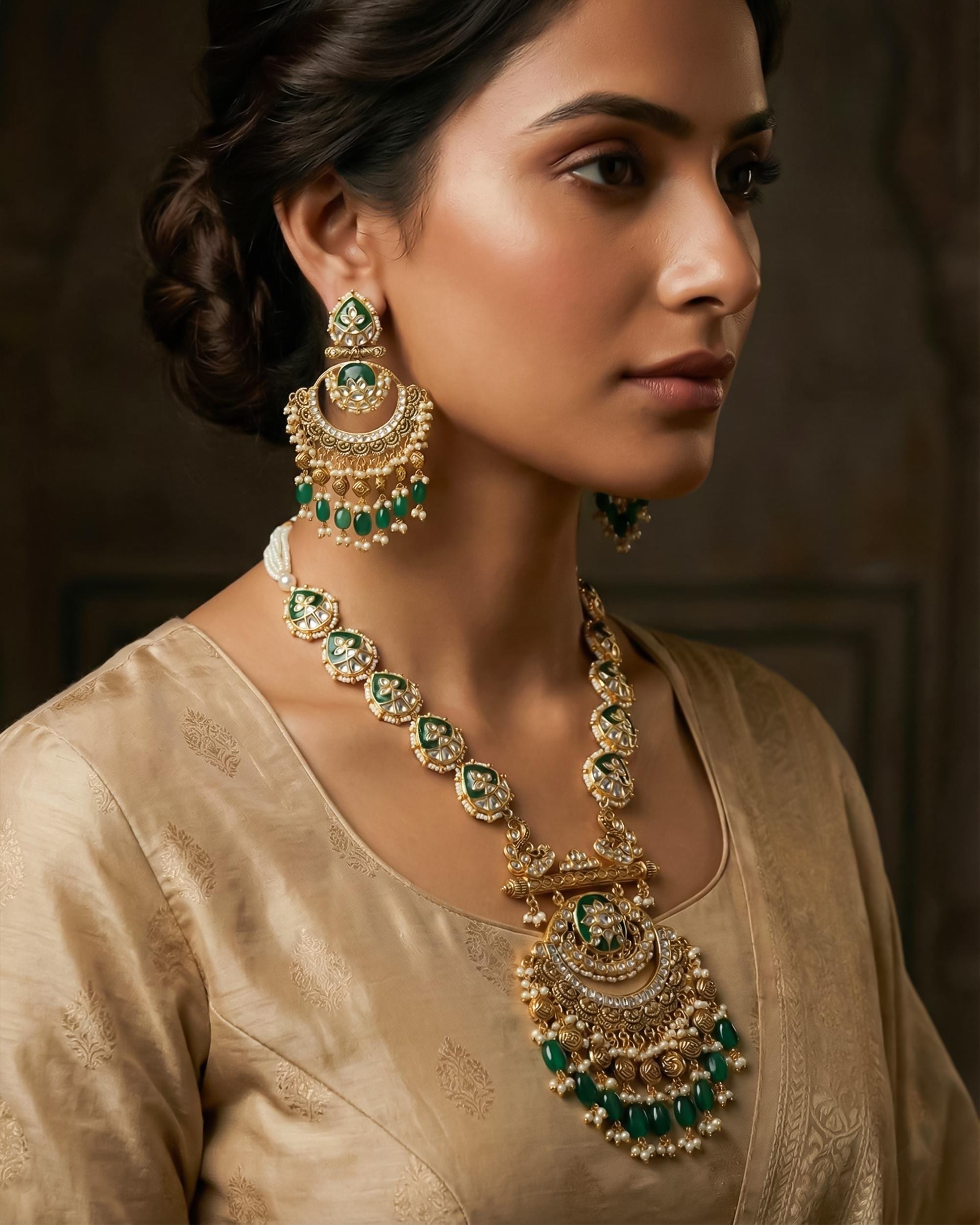 Handcrafted Pachi Kundan Necklace Set  Emerald Green Bridal Jewelry, Antique Gold Chandbalis