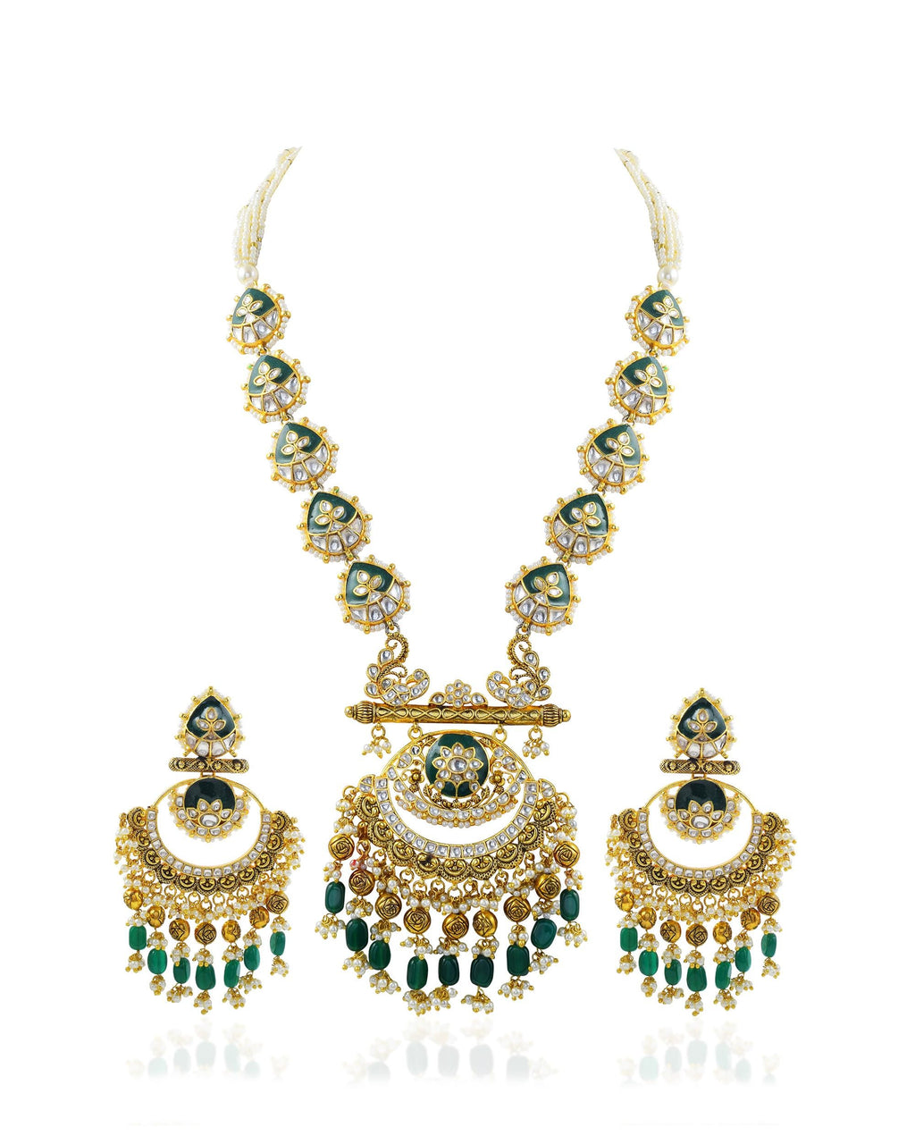Handcrafted Pachi Kundan Necklace Set  Emerald Green Bridal Jewelry, Antique Gold Chandbalis