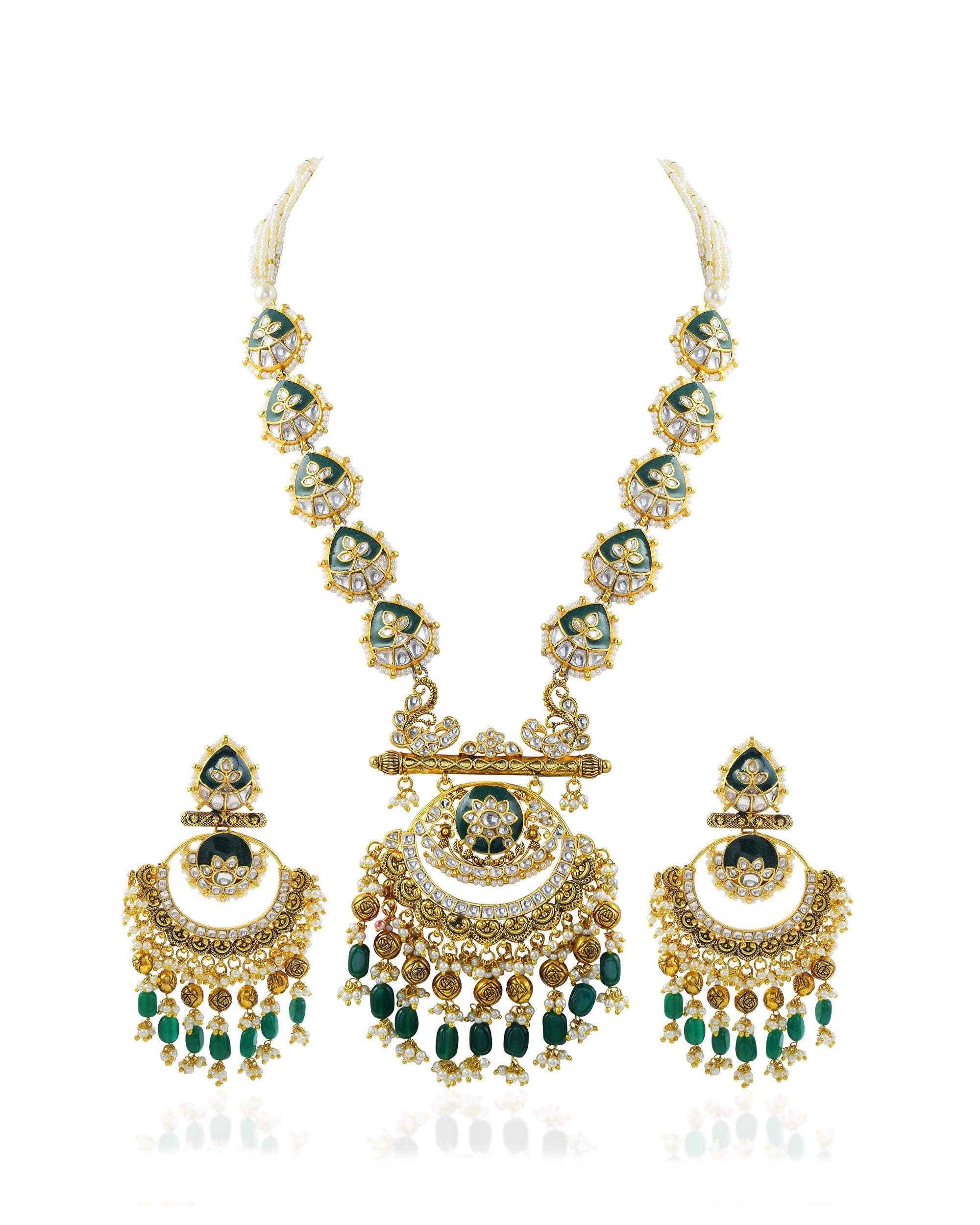 Handcrafted Pachi Kundan Necklace Set  Emerald Green Bridal Jewelry, Antique Gold Chandbalis