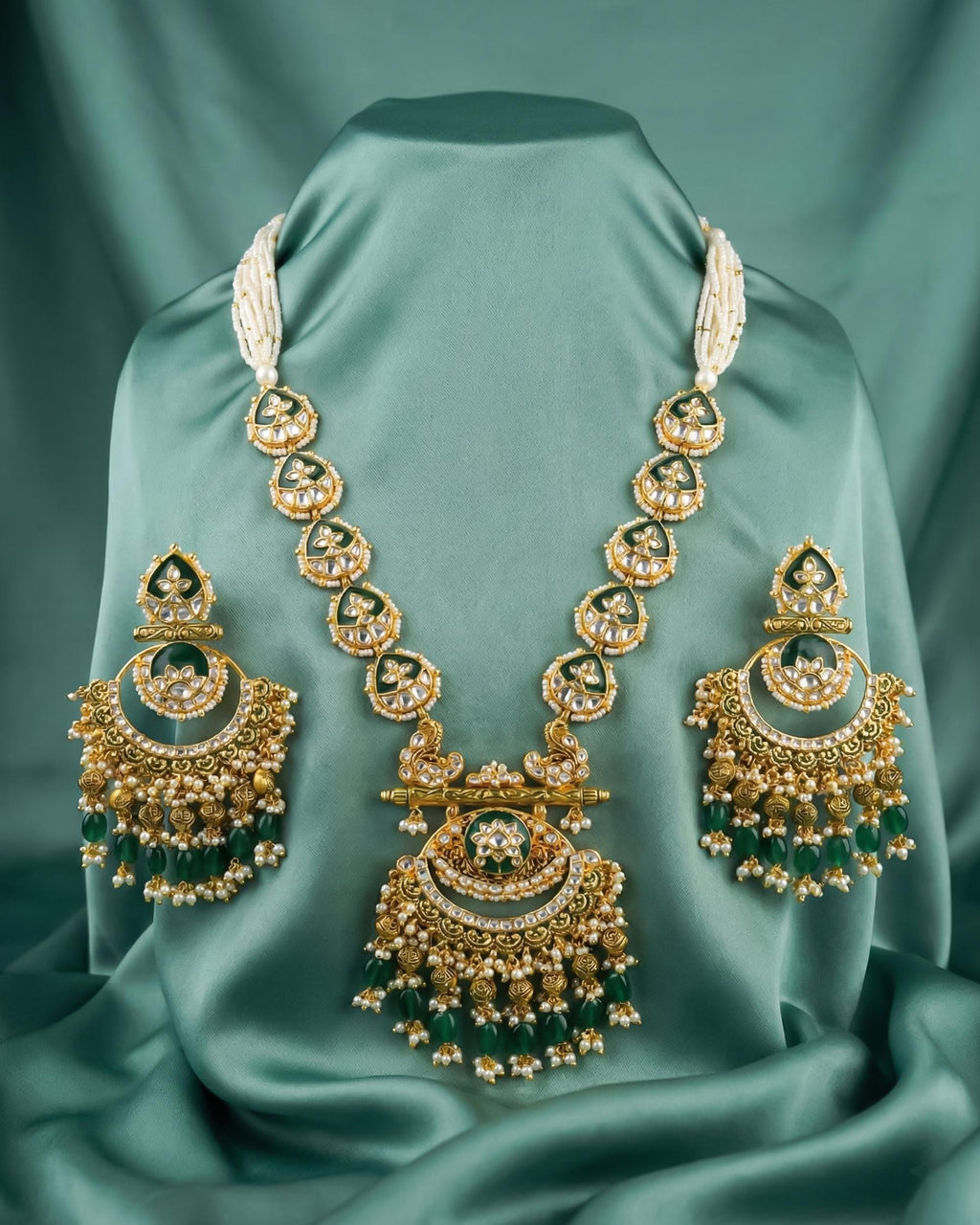 Handcrafted Pachi Kundan Necklace Set  Emerald Green Bridal Jewelry, Antique Gold Chandbalis
