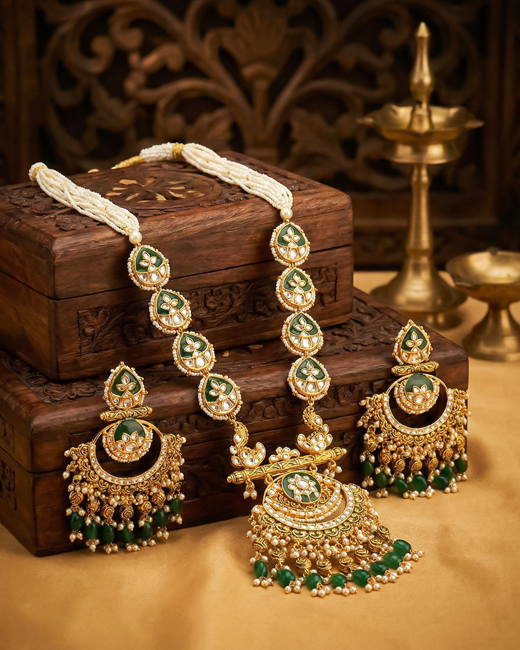 Handcrafted Pachi Kundan Necklace Set  Emerald Green Bridal Jewelry, Antique Gold Chandbalis