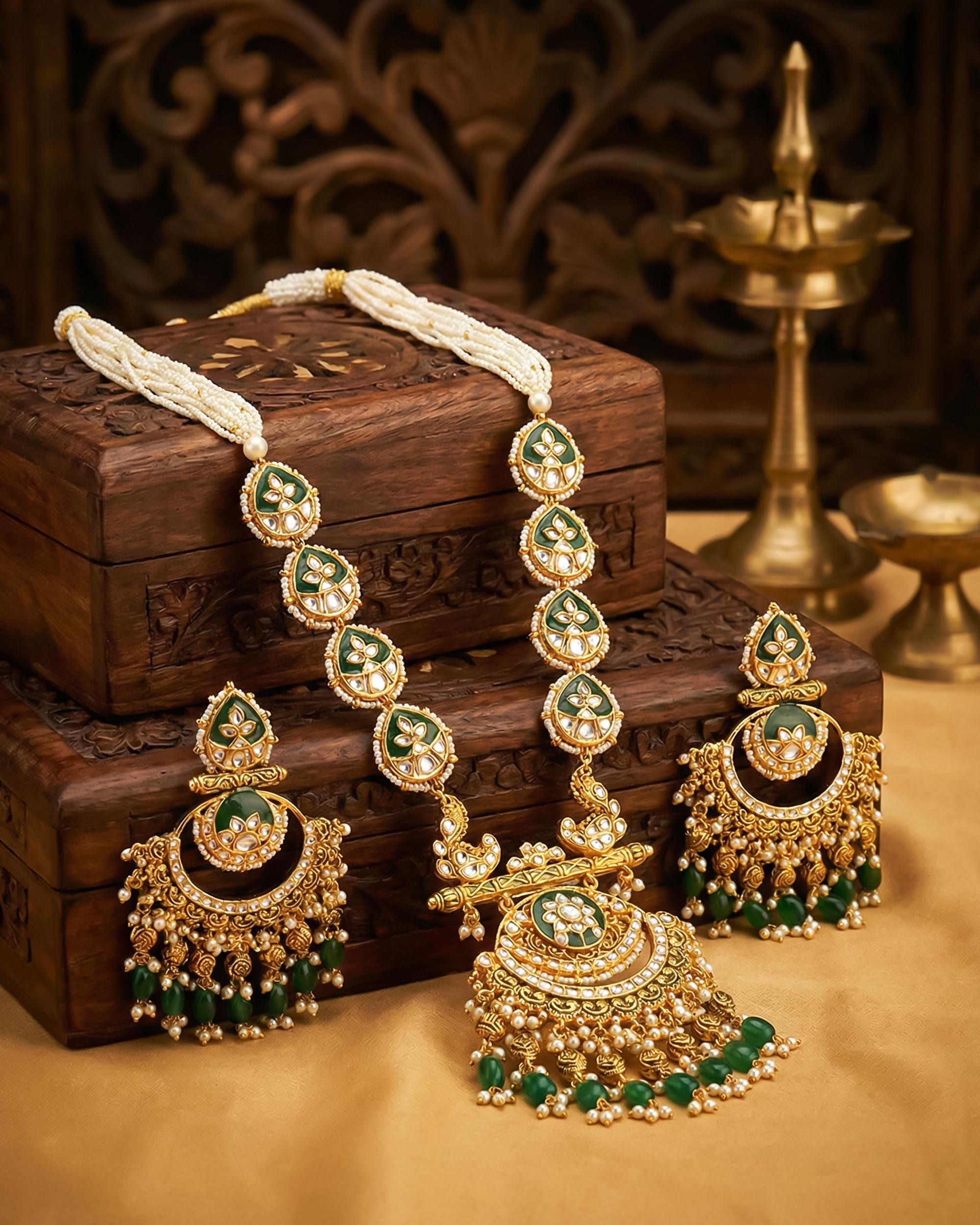 Handcrafted Pachi Kundan Necklace Set  Emerald Green Bridal Jewelry, Antique Gold Chandbalis