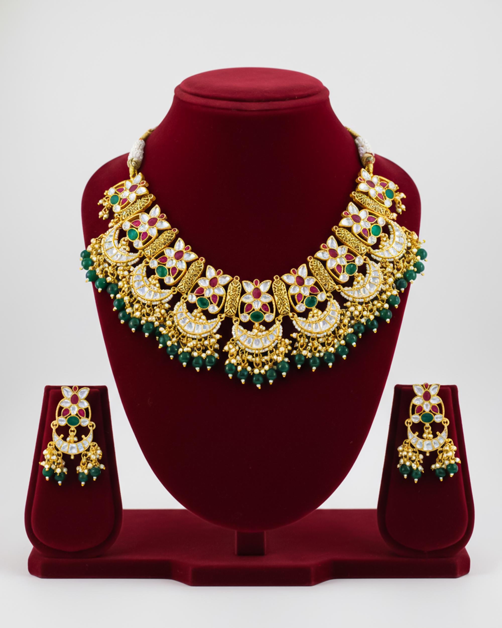 Handcrafted Pachi Kundan Choker Necklace Set  Ruby Emerald Accents, Antique Gold Indian Bridal Jewelry