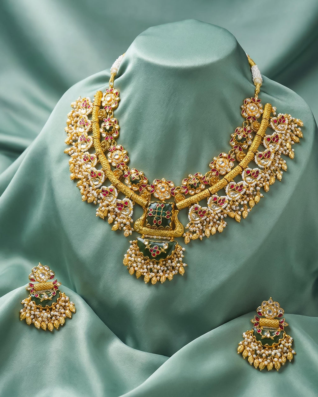 Antique Gold Kundan Choker Set  Meenakari Pendant, Ruby Floral Bridal Jewelry