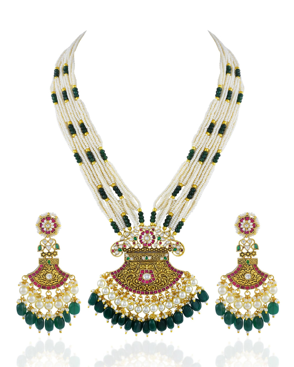 Kundan Pendant Necklace Set with Seed Pearls and Emerald Green Drops  Pakistani Bridal Jewelry