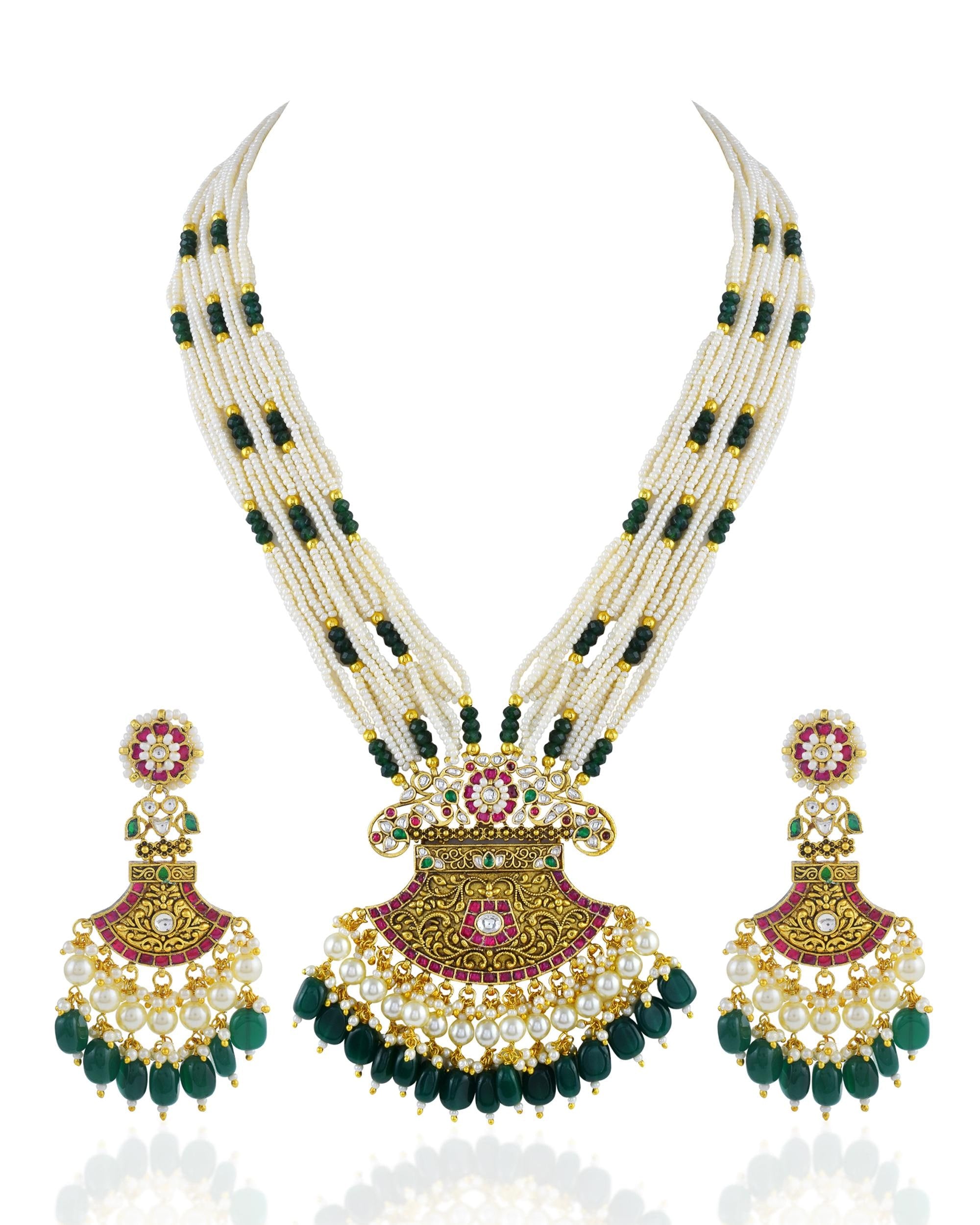 Kundan Pendant Necklace Set with Seed Pearls and Emerald Green Drops  Pakistani Bridal Jewelry