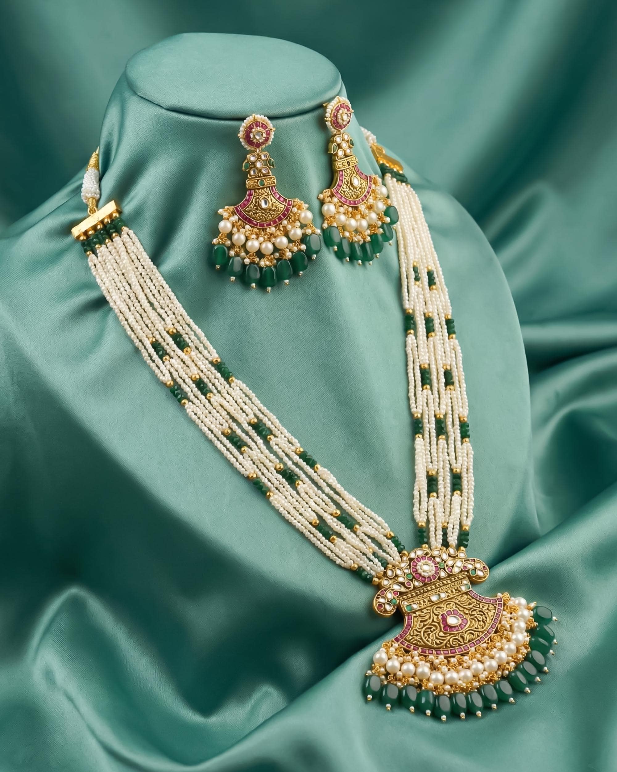 Kundan Pendant Necklace Set with Seed Pearls and Emerald Green Drops  Pakistani Bridal Jewelry