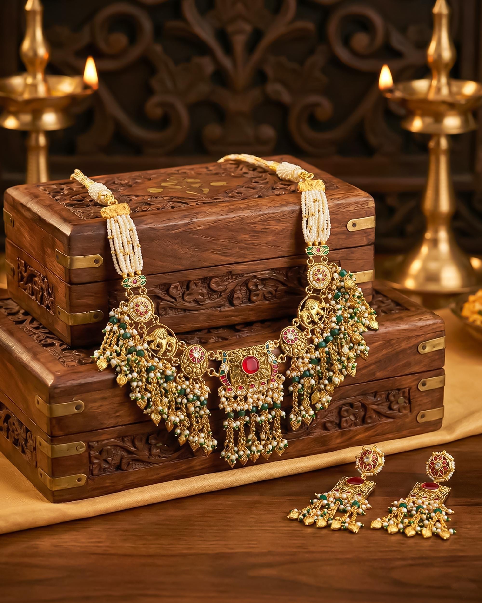 Antique Gold Elephant Choker Necklace Set with Ruby Emerald Kundan Bridal Jewelry