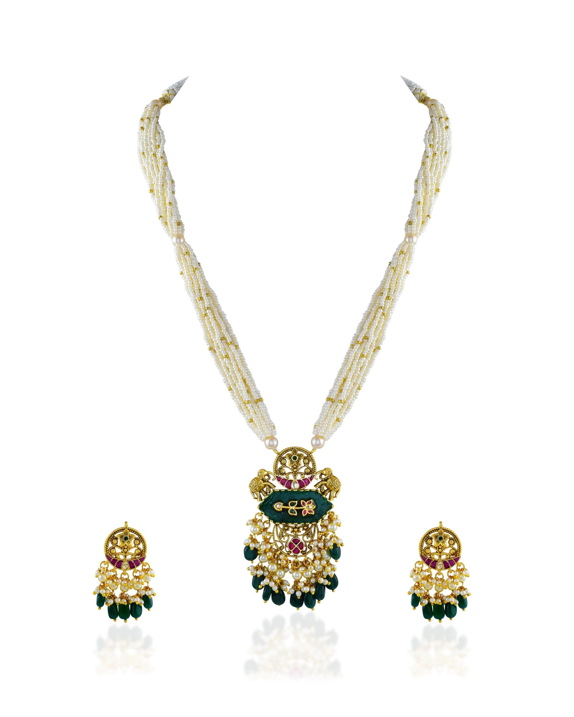 Antique Gold Elephant Pendant Necklace & Earrings Set  Carved Emerald Pearl Mala