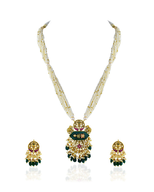 Antikes Elefanten-Anhänger-Set aus Gold und Ohrringen – geschnitztes Smaragd-Perlen-Mala