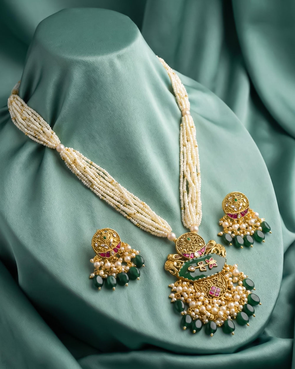 Antique Gold Elephant Pendant Necklace & Earrings Set  Carved Emerald Pearl Mala