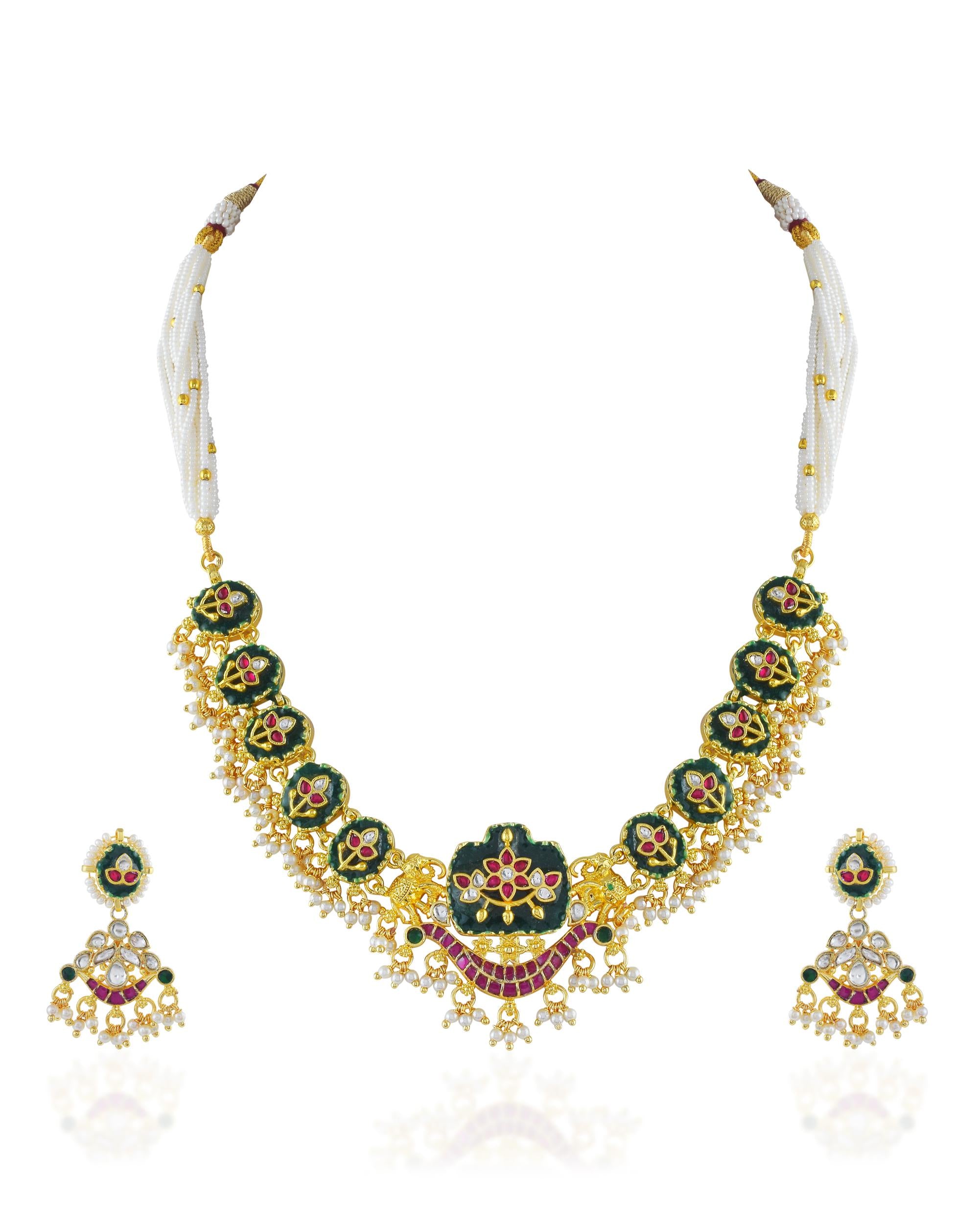 Carved Emerald Green Lotus Necklace Set  Multi-Strand Pearl Hasli Bridal Jewelry