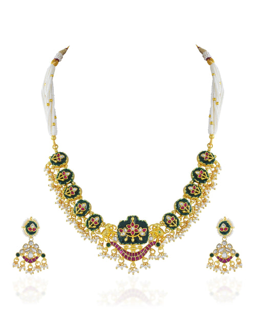 Juego de collar de loto verde esmeralda tallado, joyas nupciales Hasli de perlas de varias hebras