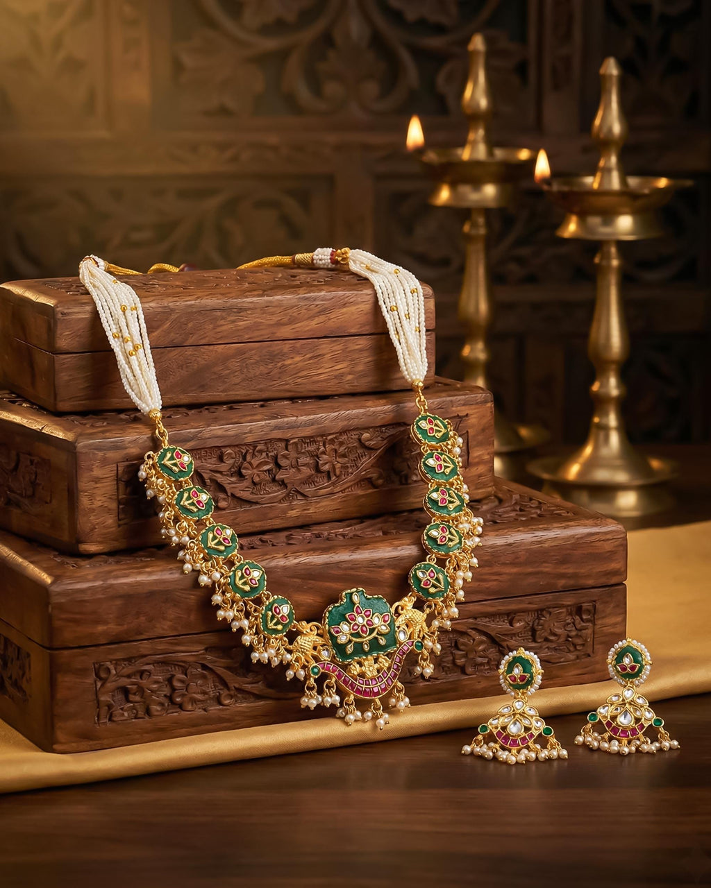 Carved Emerald Green Lotus Necklace Set  Multi-Strand Pearl Hasli Bridal Jewelry