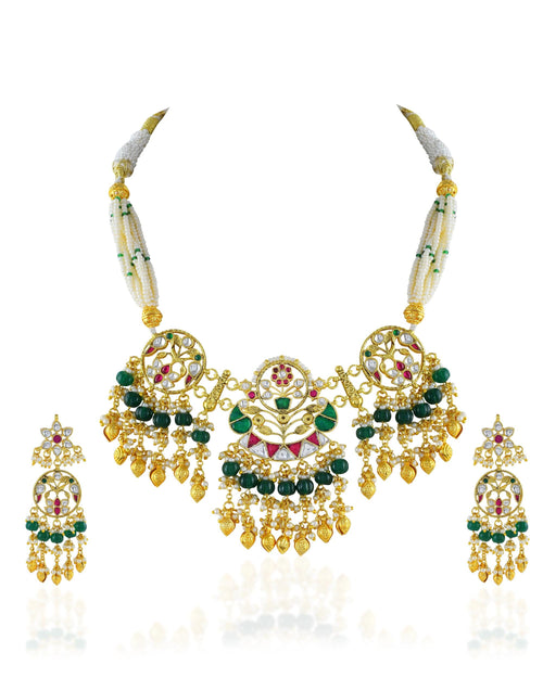 Juego de joyas nupciales - Juego de collar de gargantilla Kundan, joyas nupciales con perlas y esmeraldas, oro antiguo