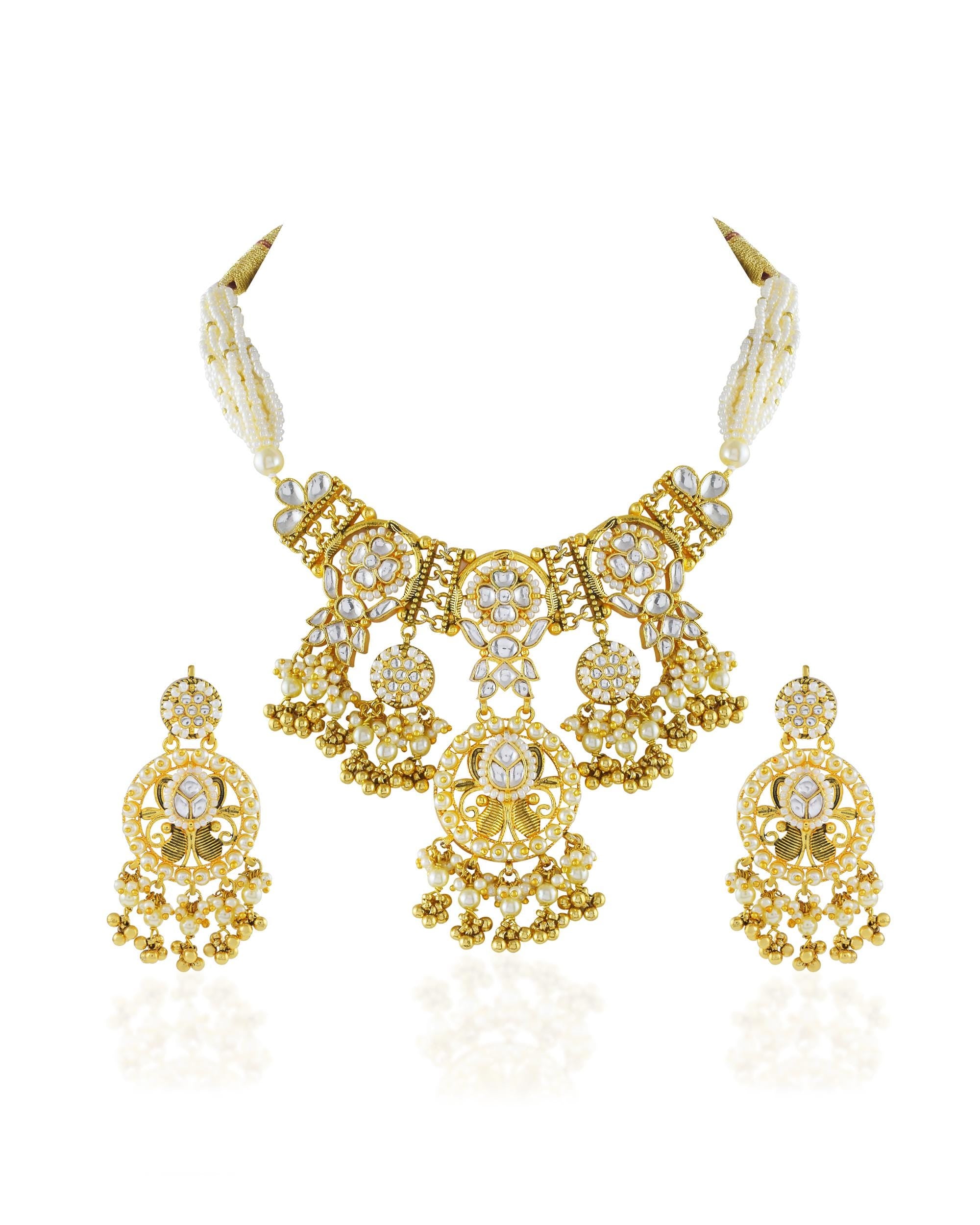 Handcrafted Pachi Kundan Choker Set  Royal White Gold Bridal Jewelry, Chandelier Earrings