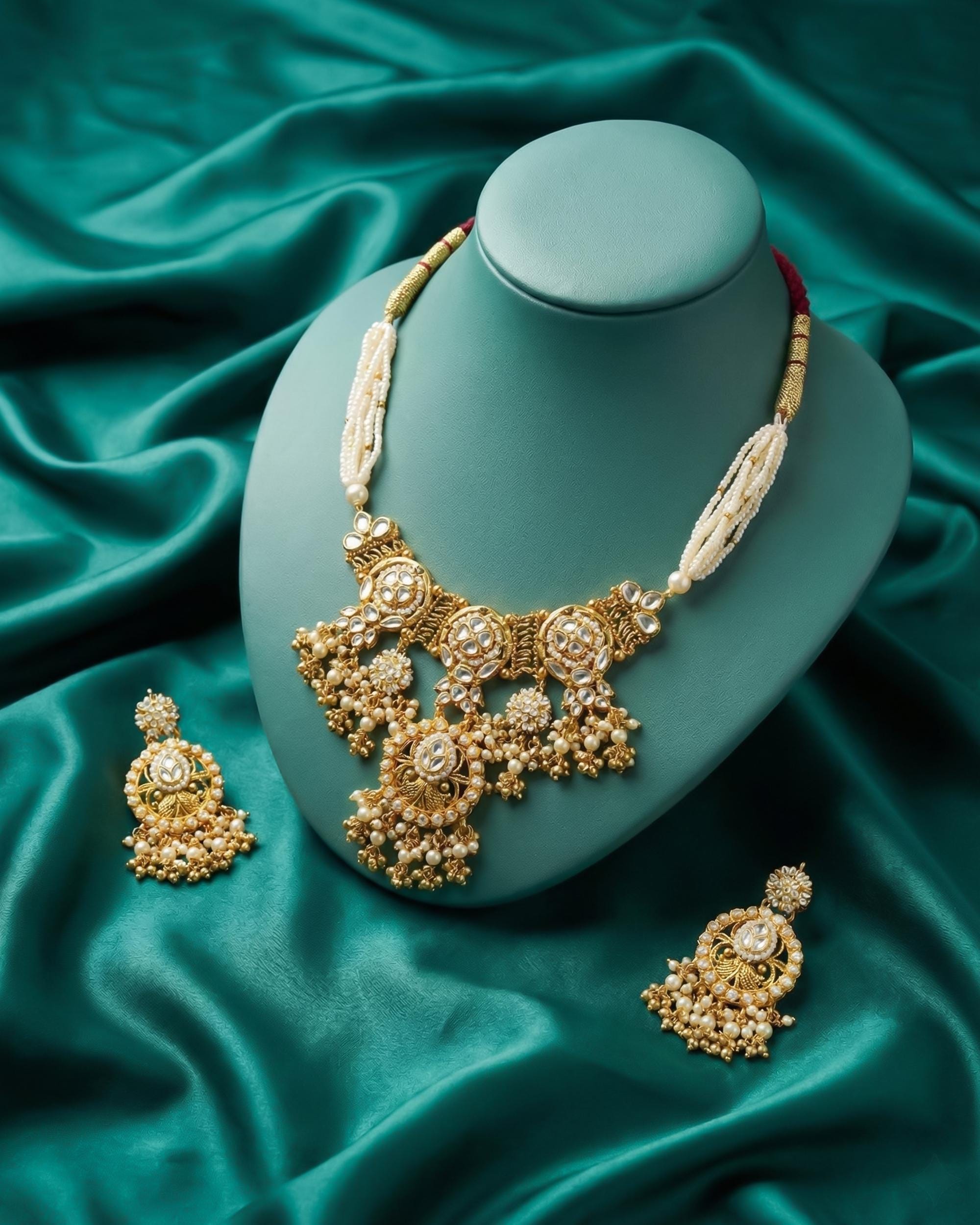 Handcrafted Pachi Kundan Choker Set  Royal White Gold Bridal Jewelry, Chandelier Earrings