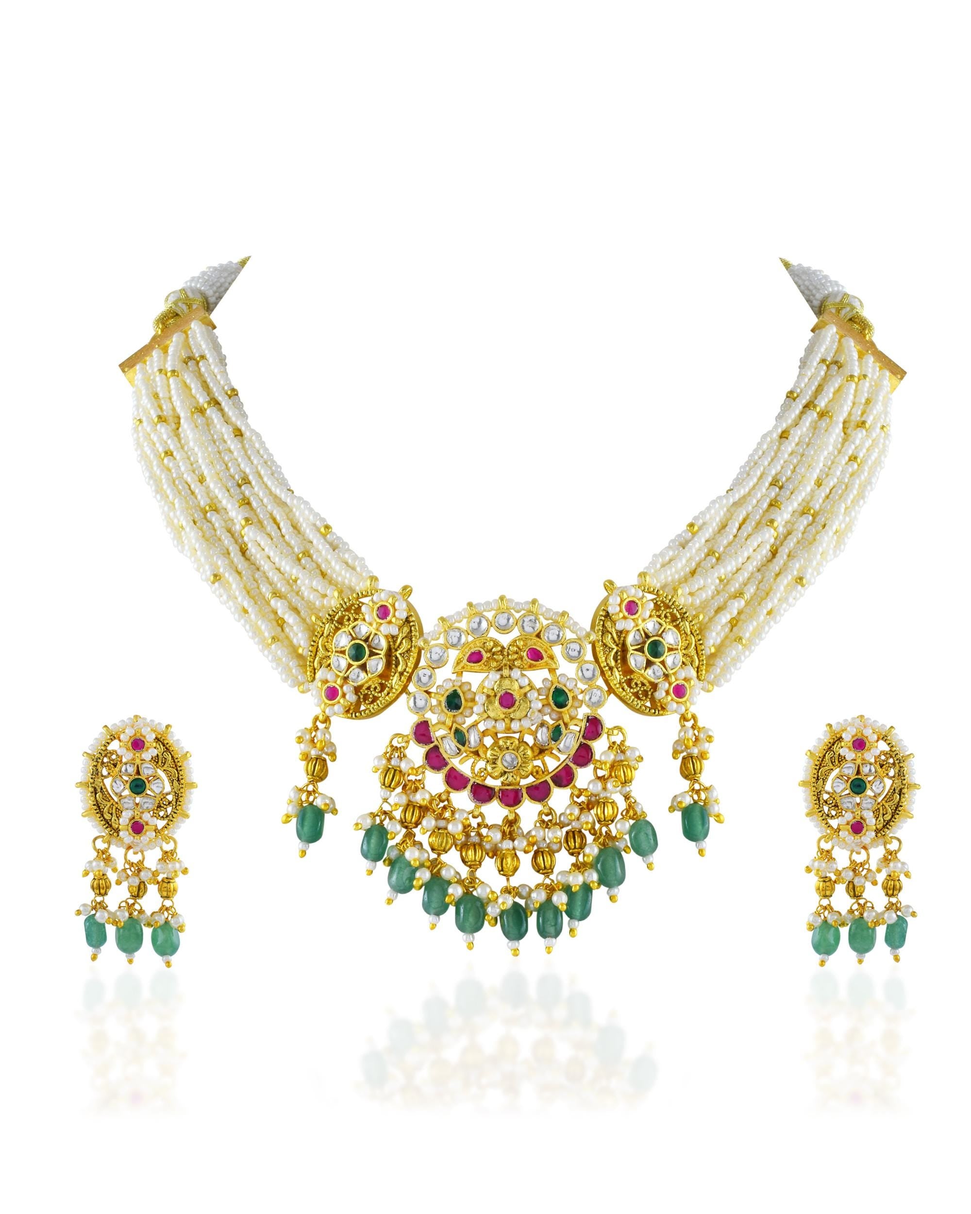 Kundan Medallion Choker Set  Multi-Strand Pearl Mala Necklace, Antique Gold Emerald Drops
