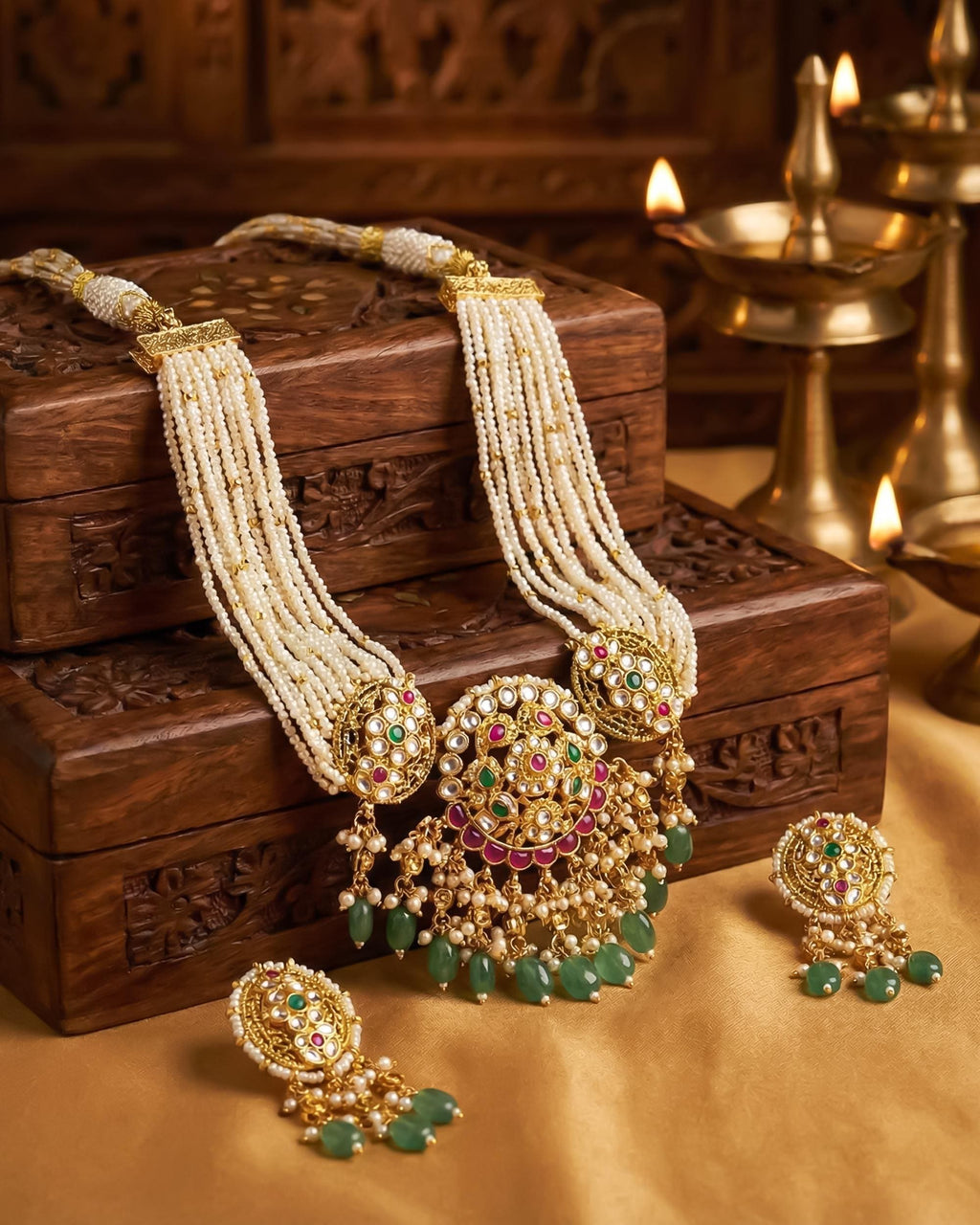 Kundan Medallion Choker Set  Multi-Strand Pearl Mala Necklace, Antique Gold Emerald Drops
