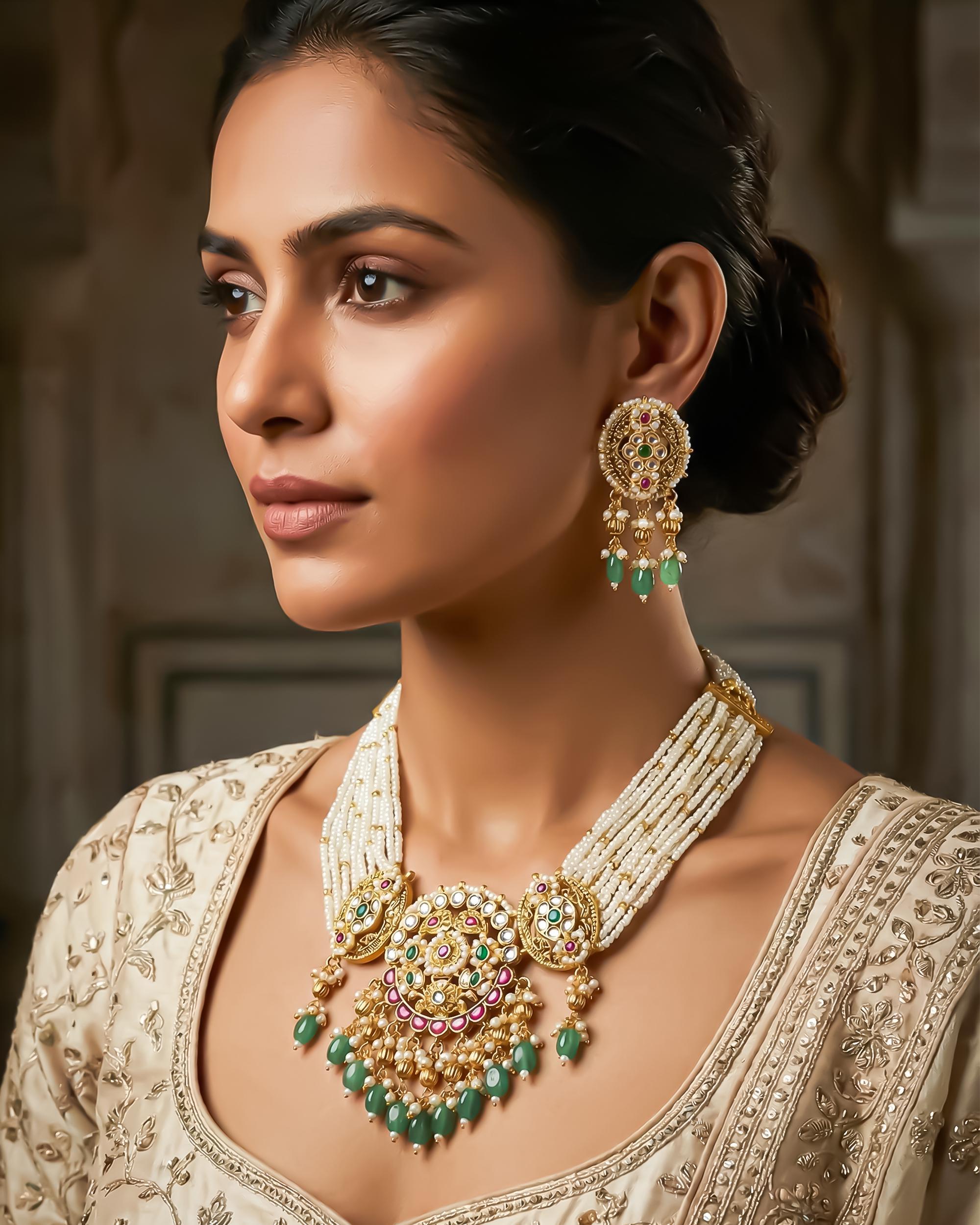 Kundan Medallion Choker Set  Multi-Strand Pearl Mala Necklace, Antique Gold Emerald Drops
