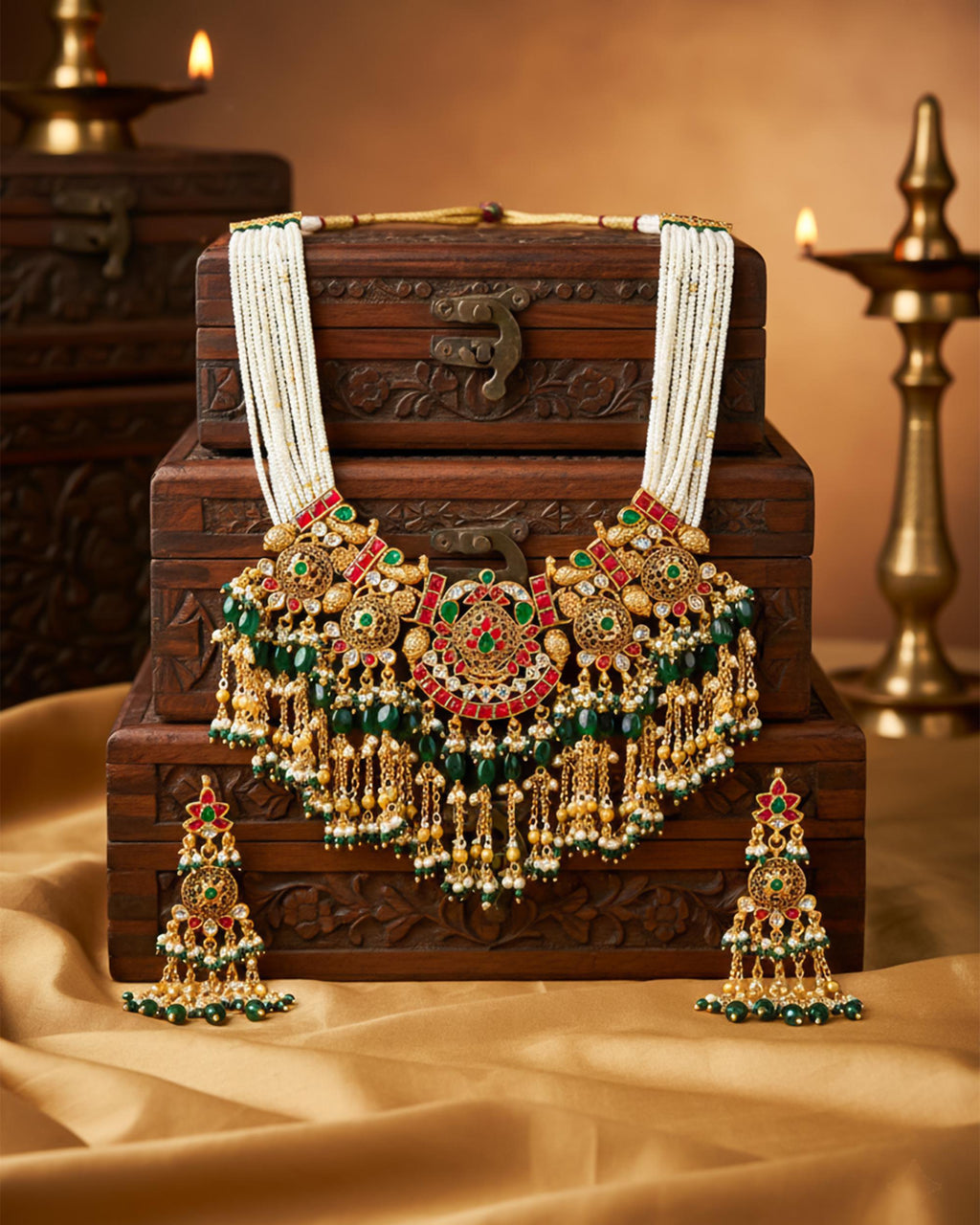 Handcrafted Pachi Kundan Bib Choker Necklace Set  Antique Gold Indian Bridal Jewelry
