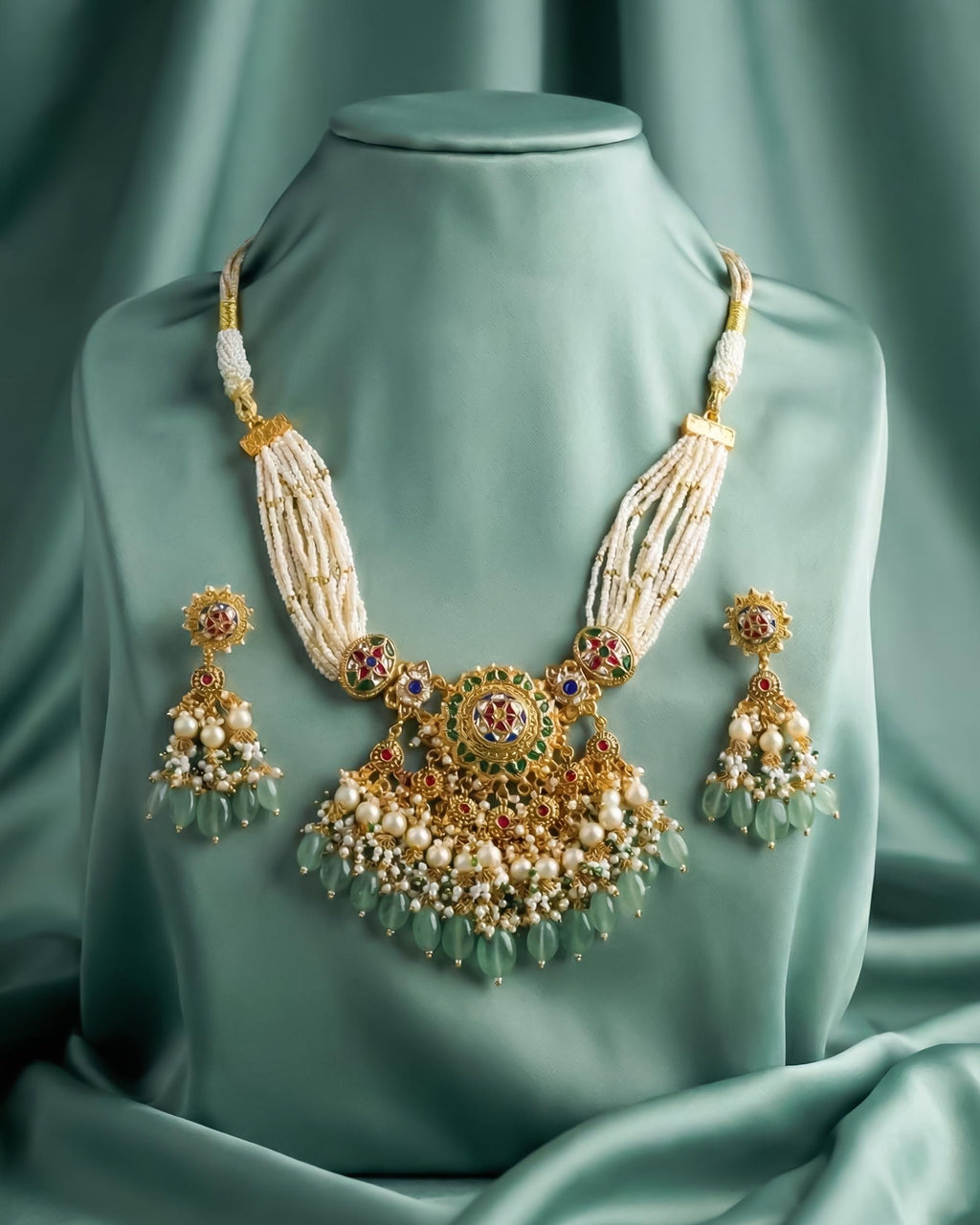 Antique Gold Navratna Pendant Set  Multi-Strand Pearl Mala Choker