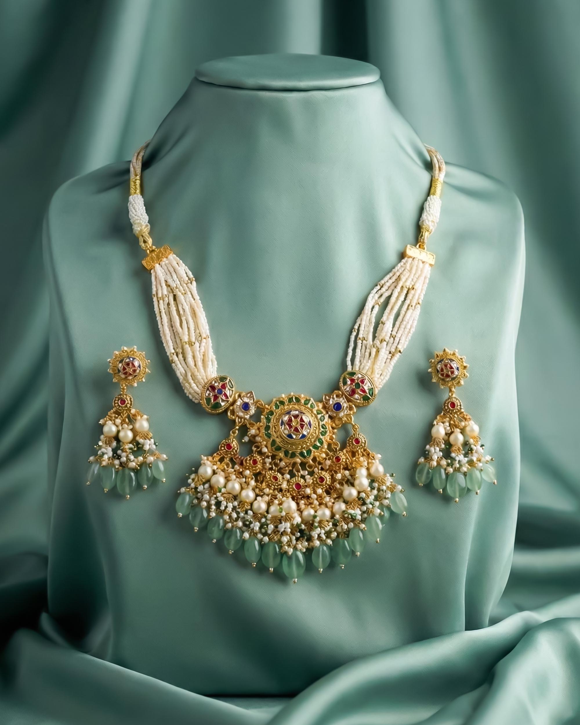Antique Gold Navratna Pendant Set  Multi-Strand Pearl Mala Choker