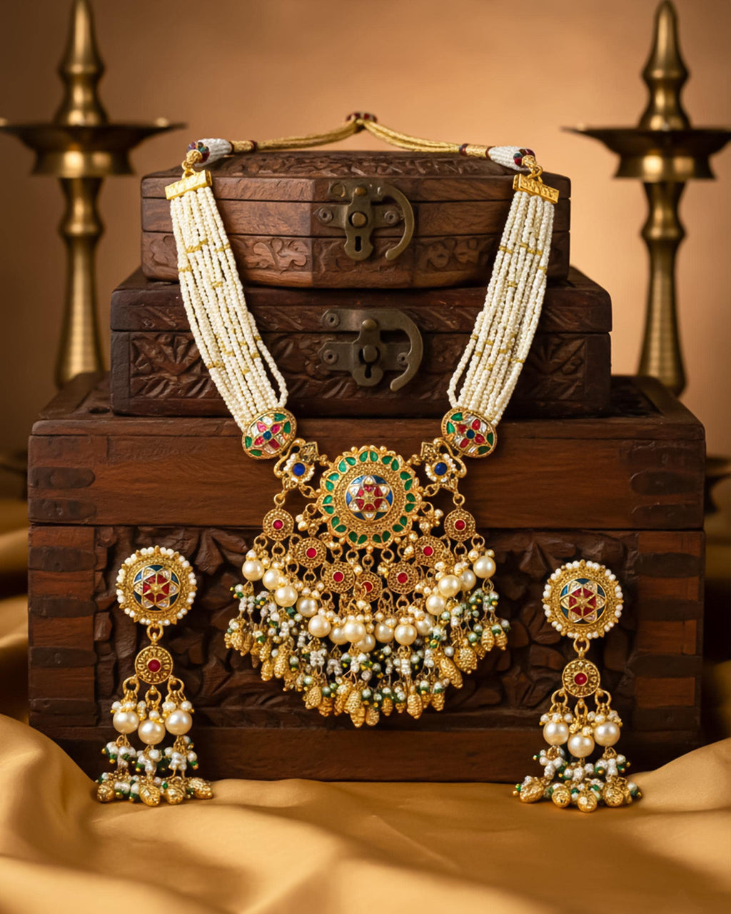 Antique Gold Navratna Pendant Set  Multi-Strand Pearl Mala Choker