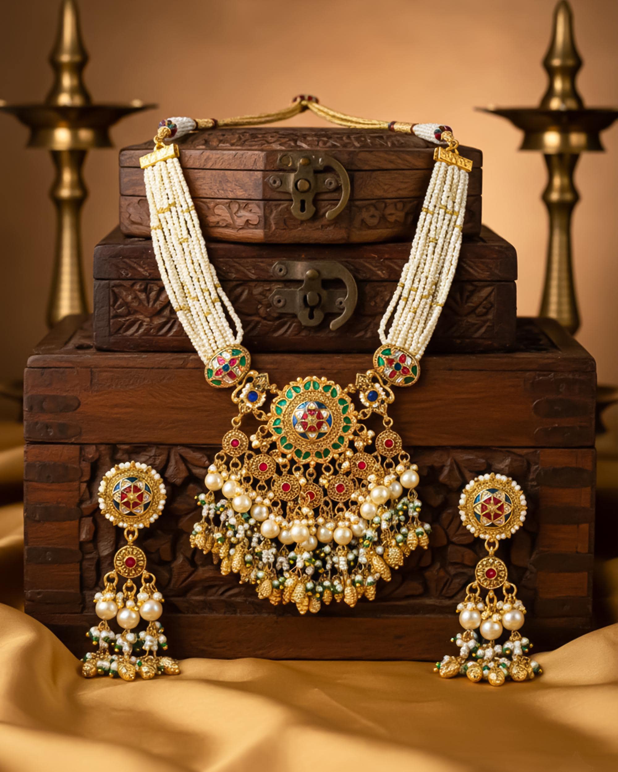 Antique Gold Navratna Pendant Set  Multi-Strand Pearl Mala Choker