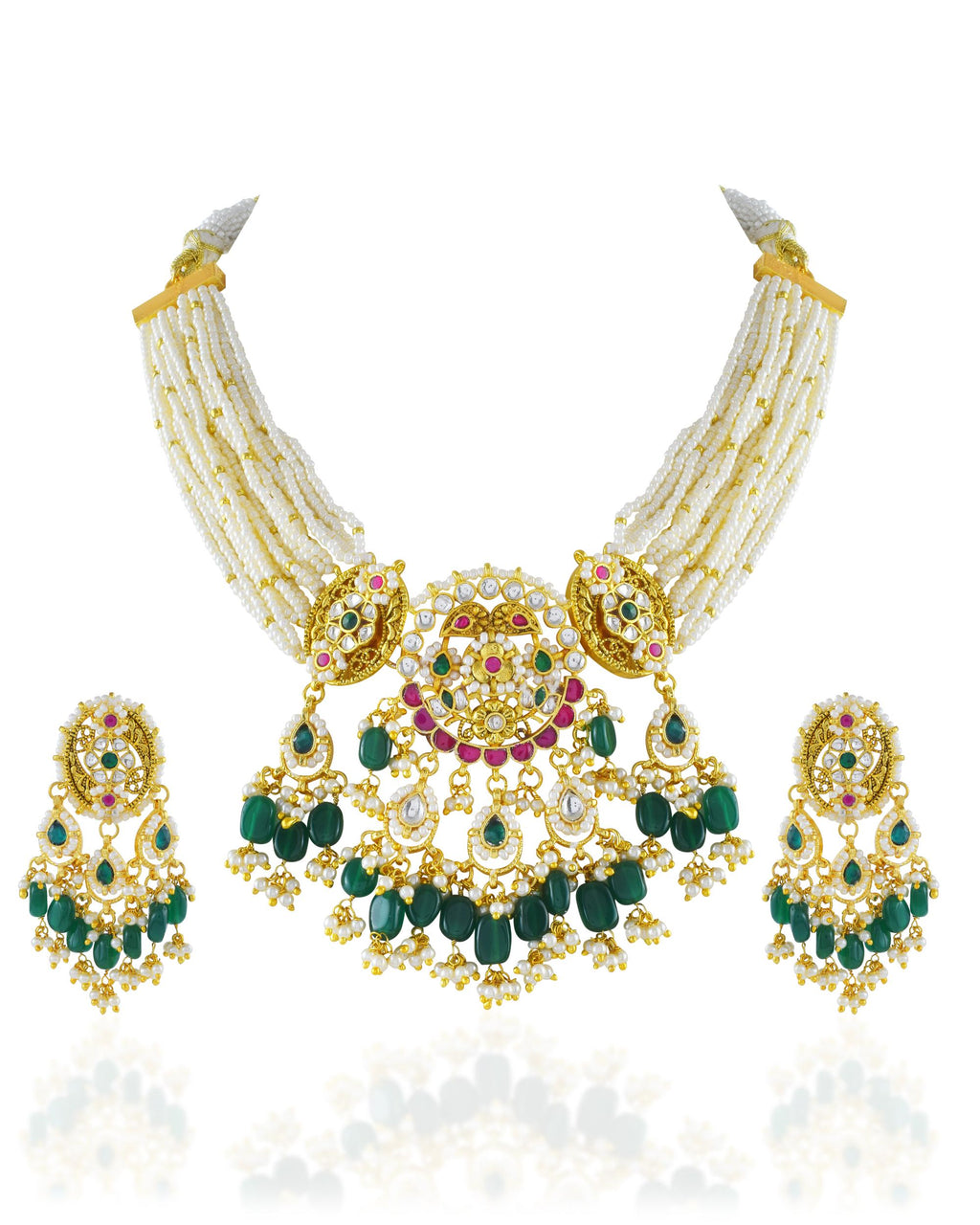 Royal Kundan Choker Set  Multi-Strand Pearl Mala Necklace, Emerald Green Drops