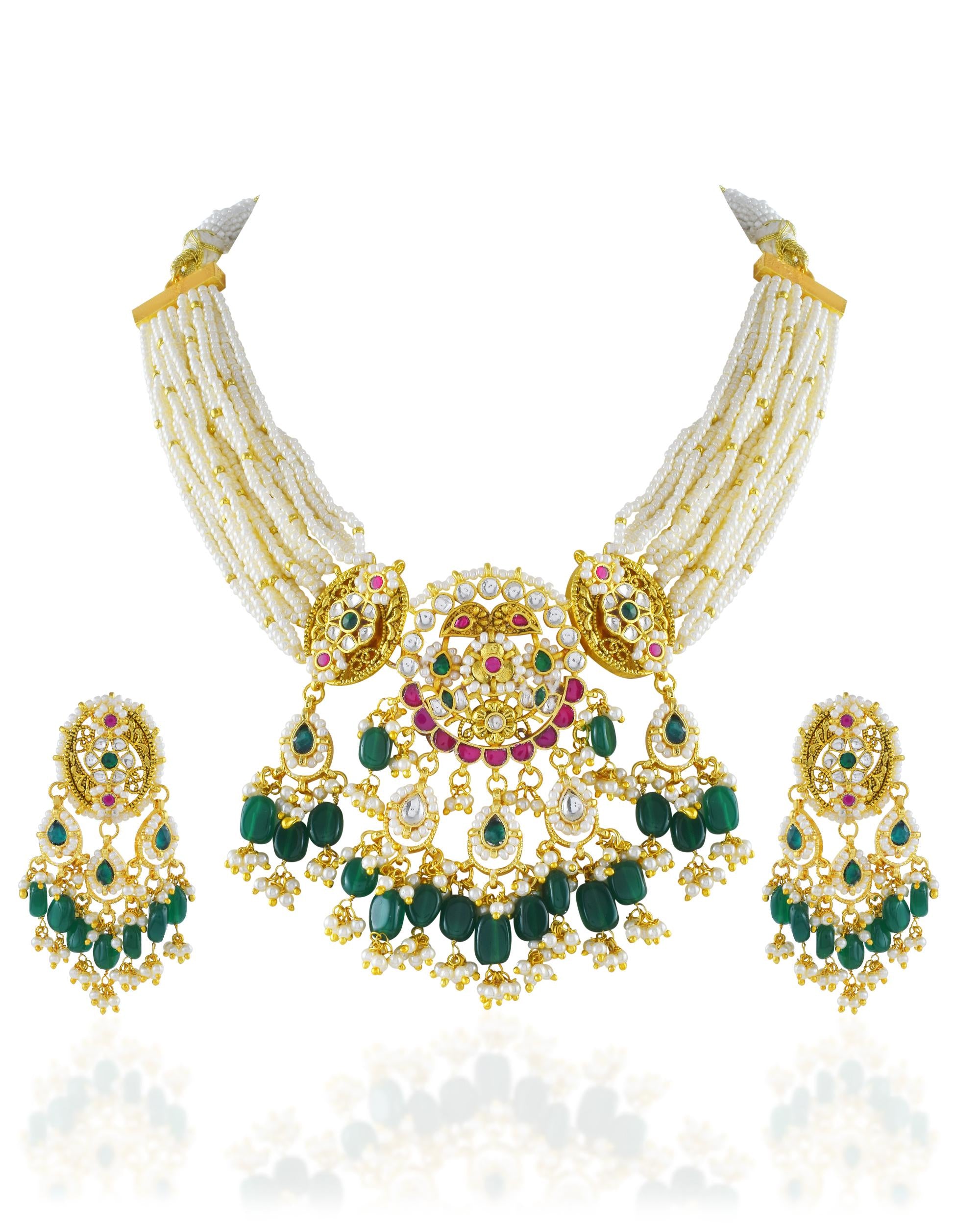 Royal Kundan Choker Set  Multi-Strand Pearl Mala Necklace, Emerald Green Drops
