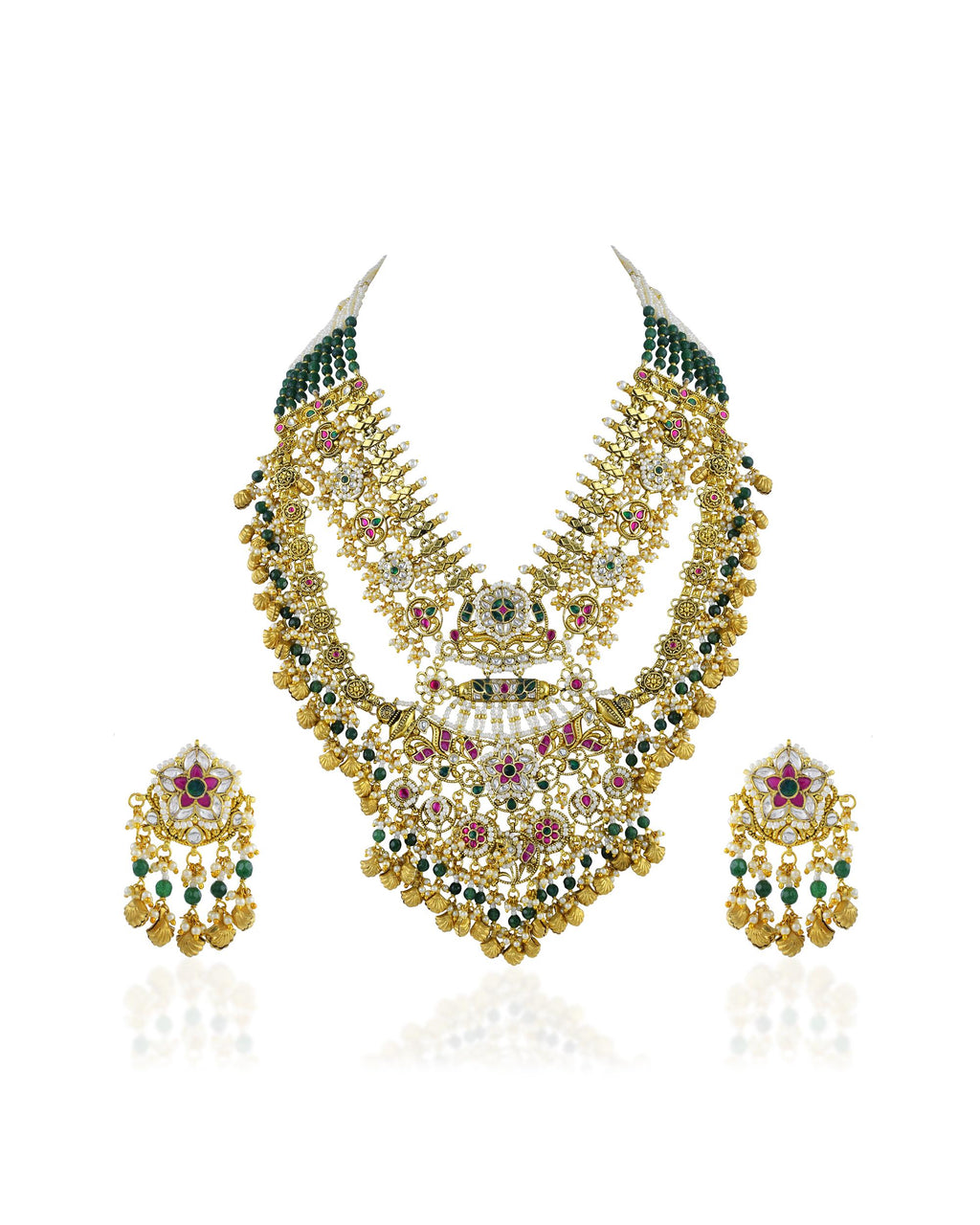 Handcrafted Kundan Bridal Necklace Set  Royal Green Beads, Antique Gold Floral Accents