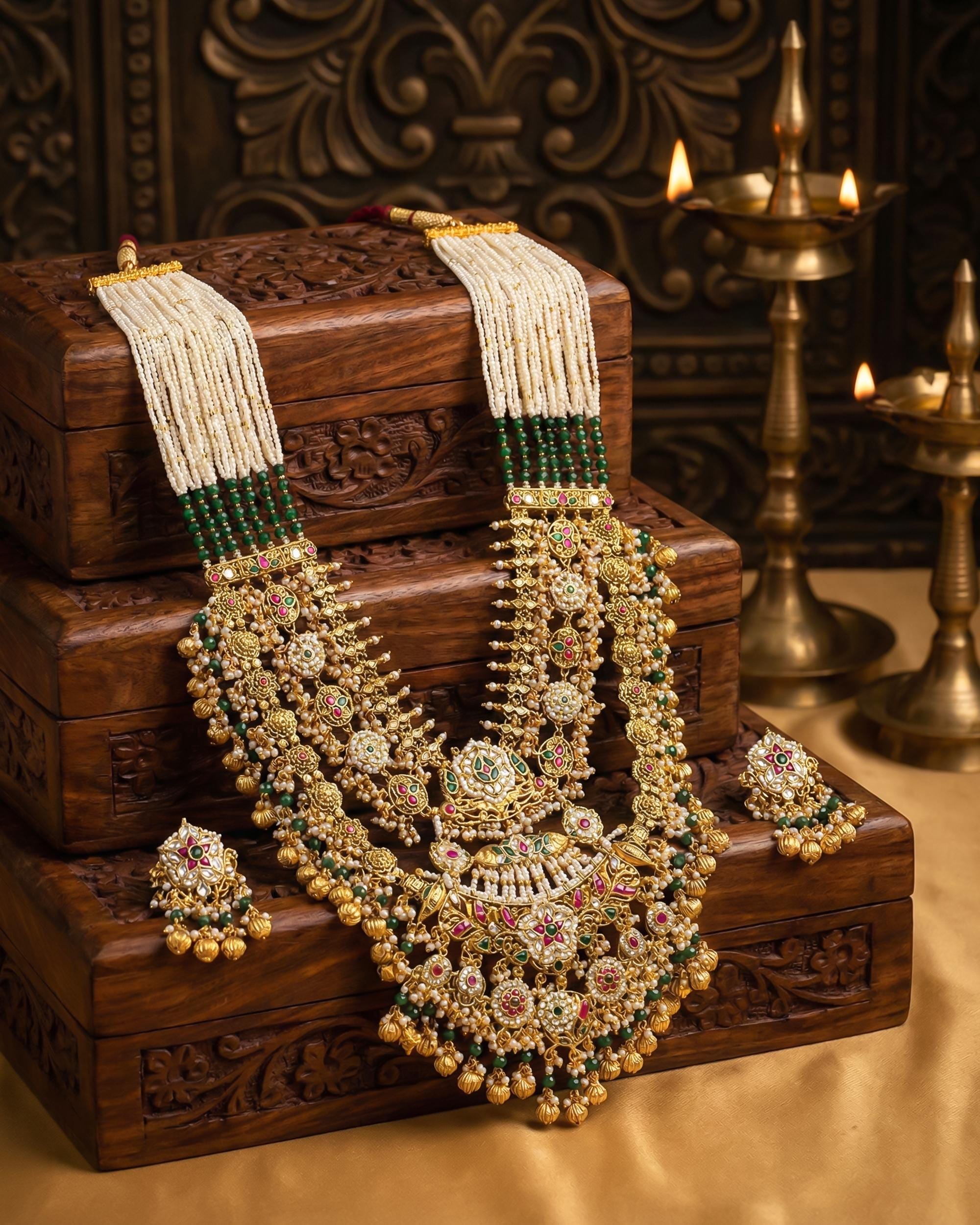 Handcrafted Kundan Bridal Necklace Set  Royal Green Beads, Antique Gold Floral Accents
