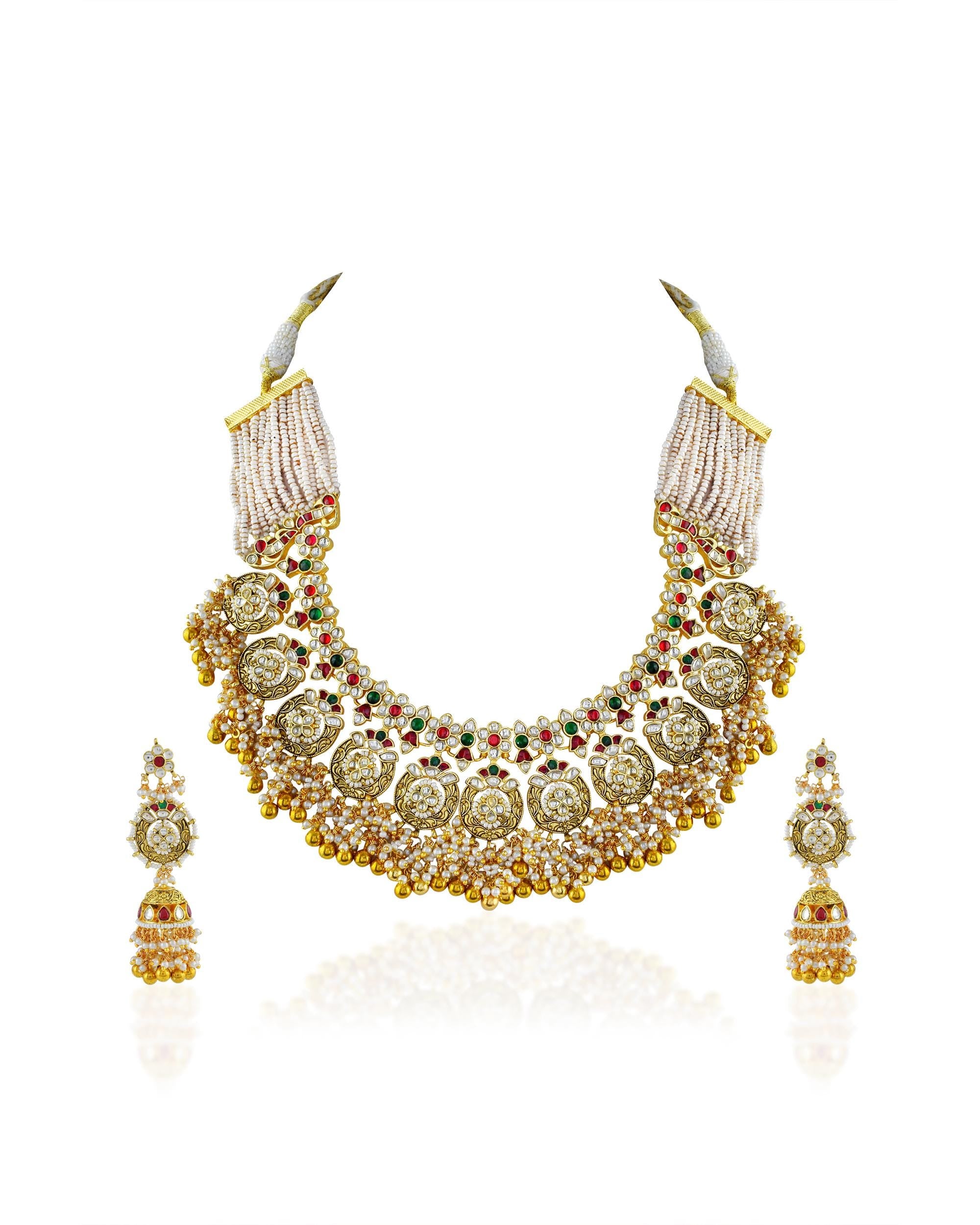 Handcrafted Pachi Kundan Collar Necklace Set  Ruby Emerald Pearl Choker  Antique Gold Bridal Haar
