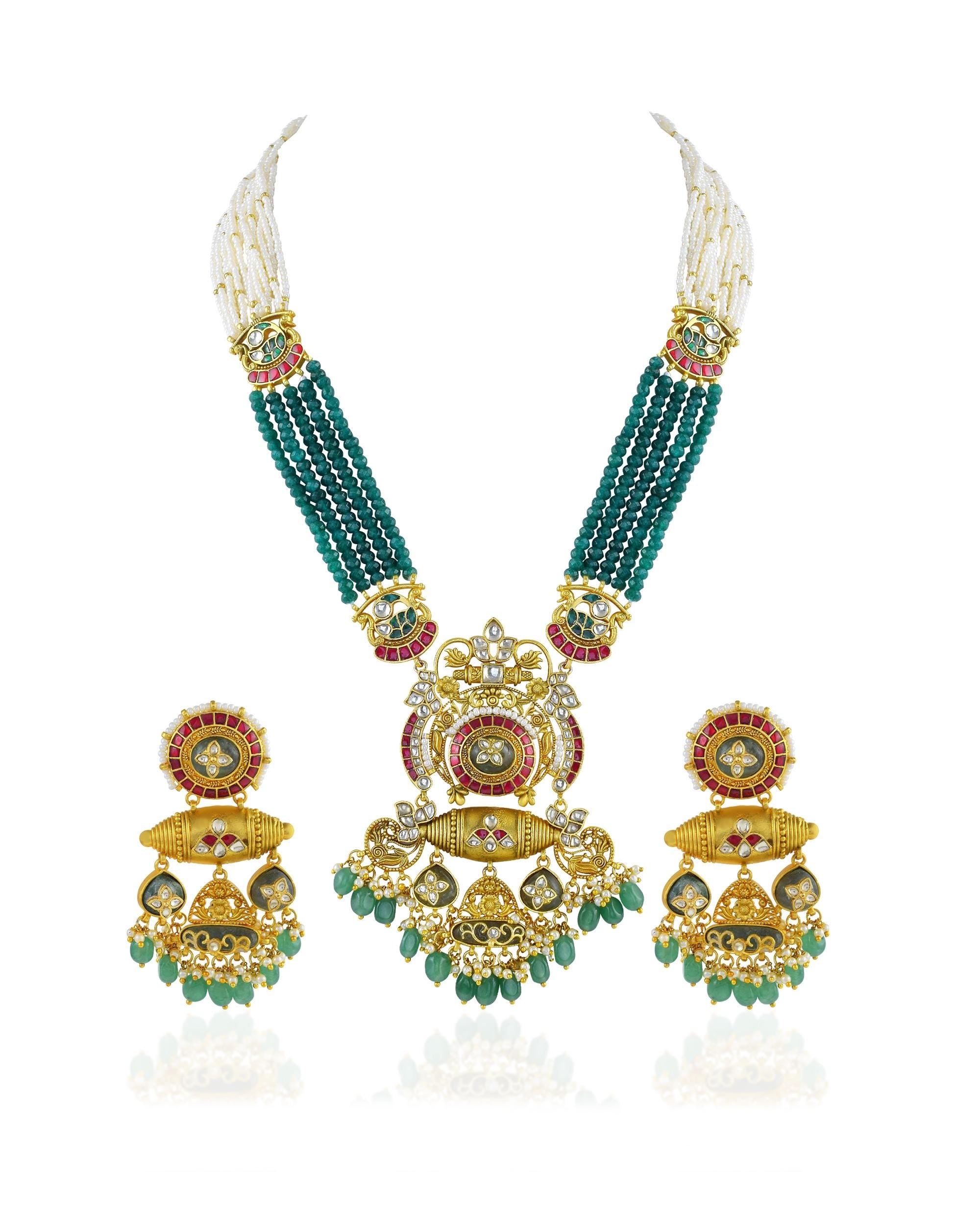 Antique Gold Pachi Kundan Rani Haar  Emerald Green Beads, Peacock Wedding Jewelry Set
