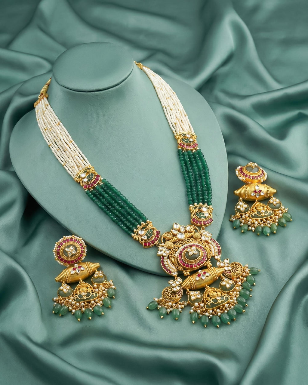 Antique Gold Pachi Kundan Rani Haar  Emerald Green Beads, Peacock Wedding Jewelry Set