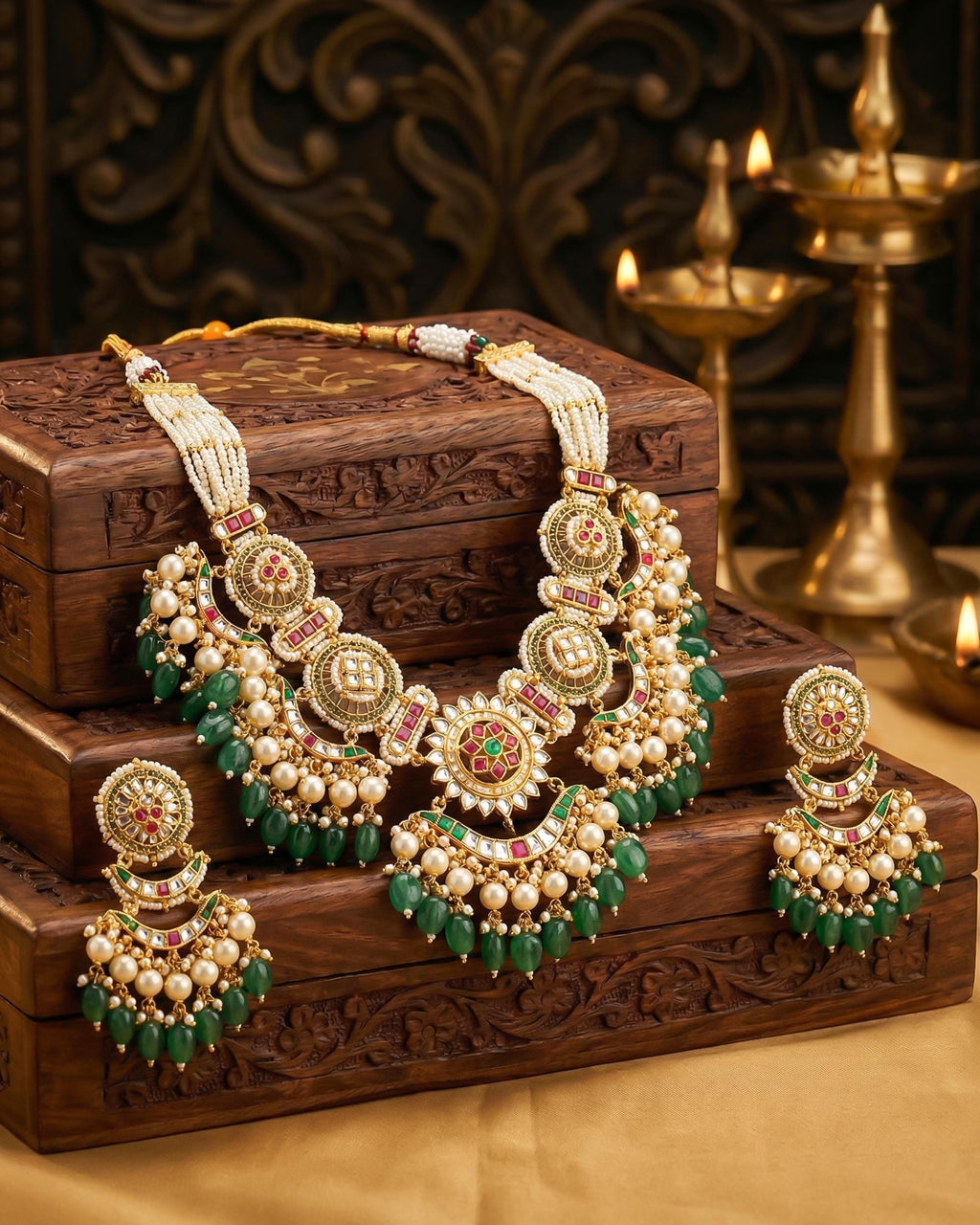 Handcrafted Pachi Kundan Choker Set  Emerald Green Droplets, Antique Gold Indian Bridal Jewelry