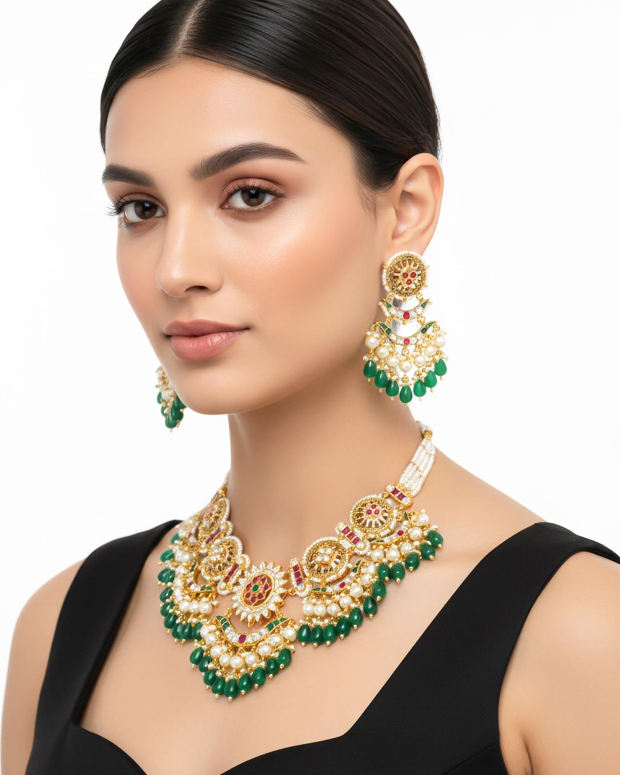 Handcrafted Pachi Kundan Choker Set  Emerald Green Droplets, Antique Gold Indian Bridal Jewelry